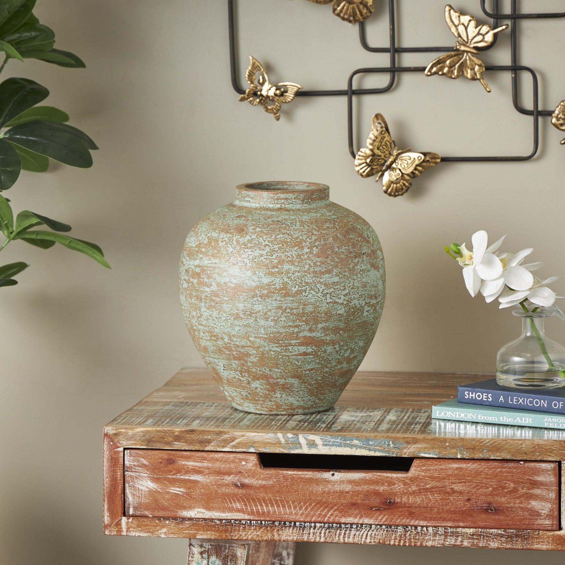 Brown Ceramic Antique Style Textured Patina Decorative Vase