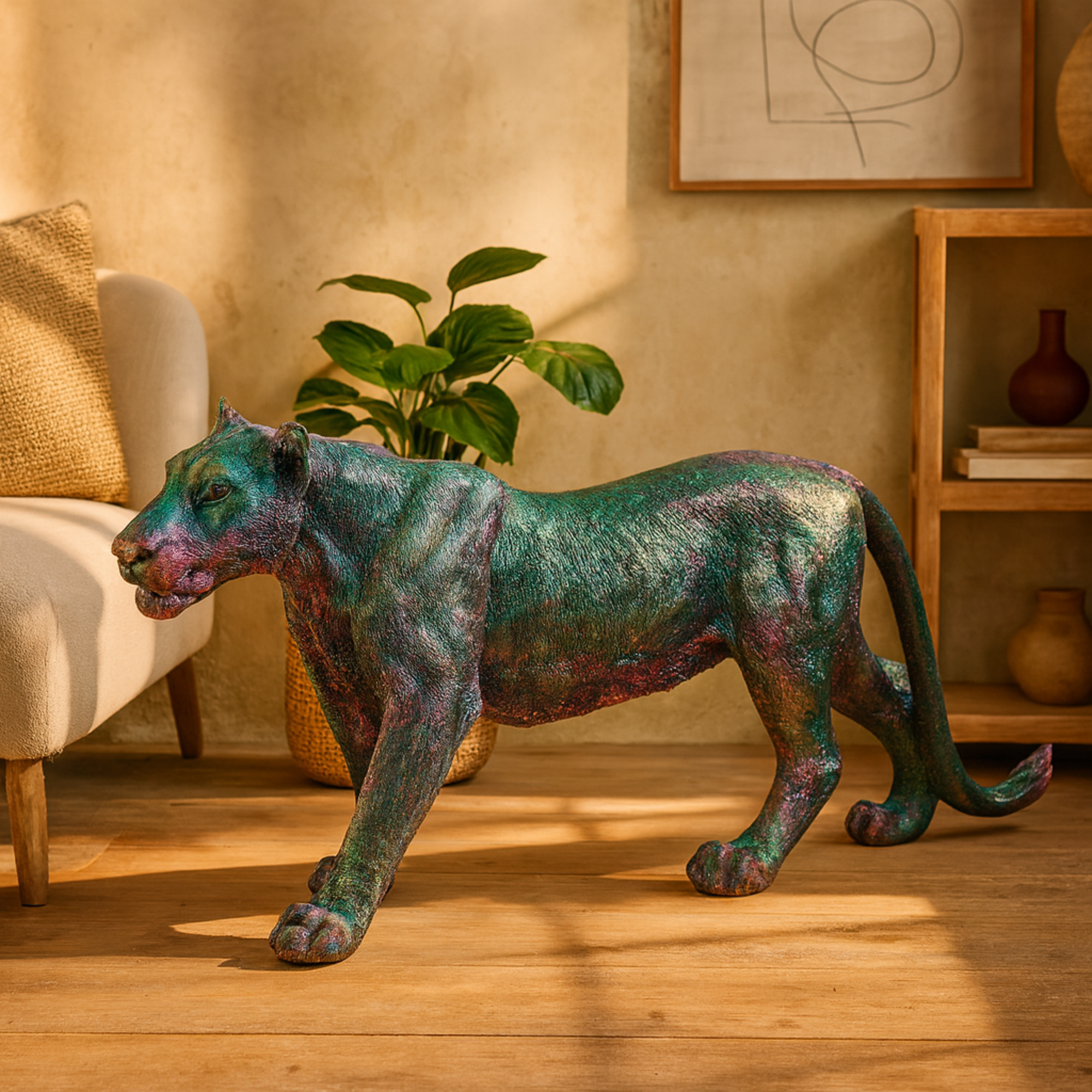 Leopard Multi Colored Resin Standing Decorative Sculpture with Rainbow Shimmer Finish