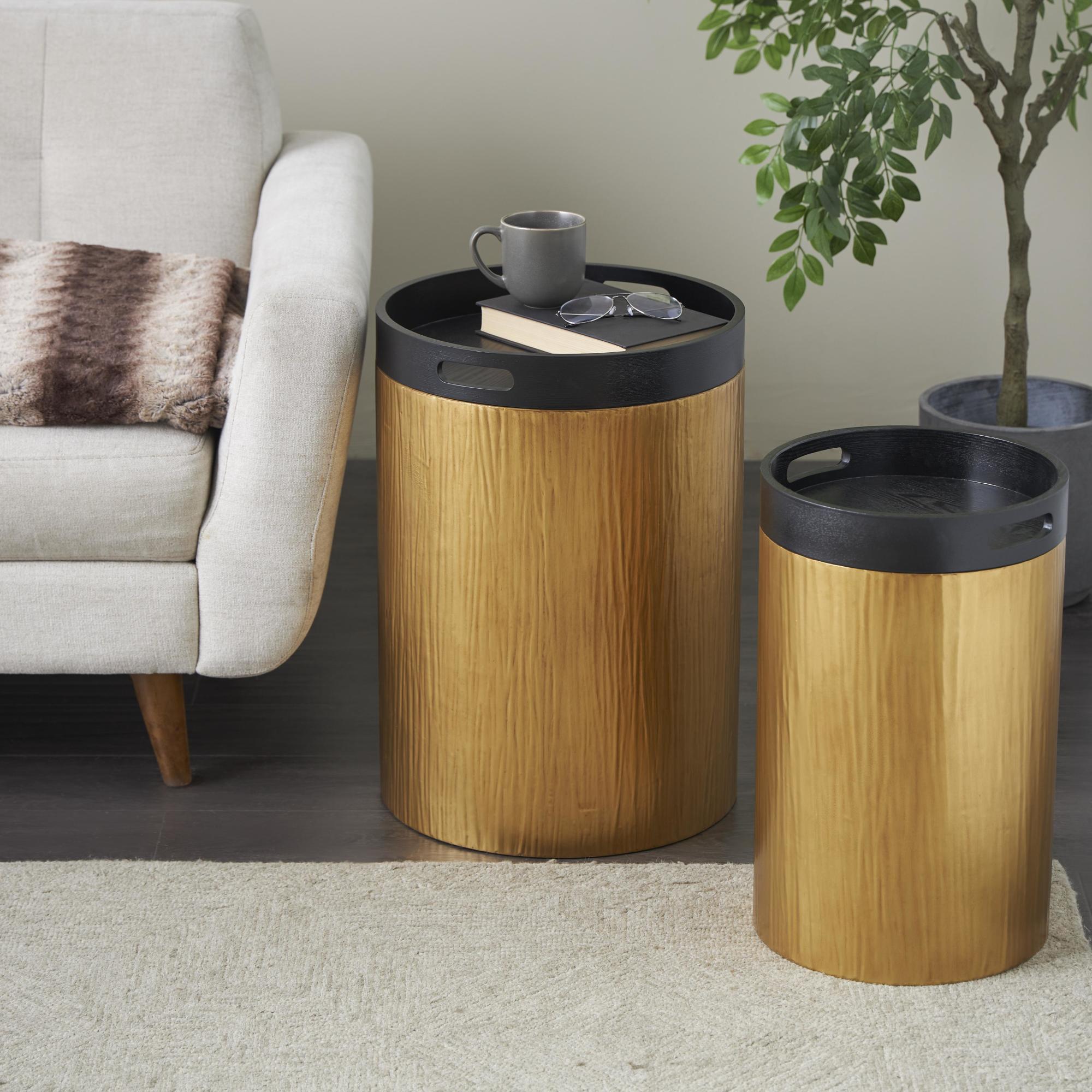 Set of 2 Gold Metal Nesting Side End Accent Table with Black Tray Tabletops