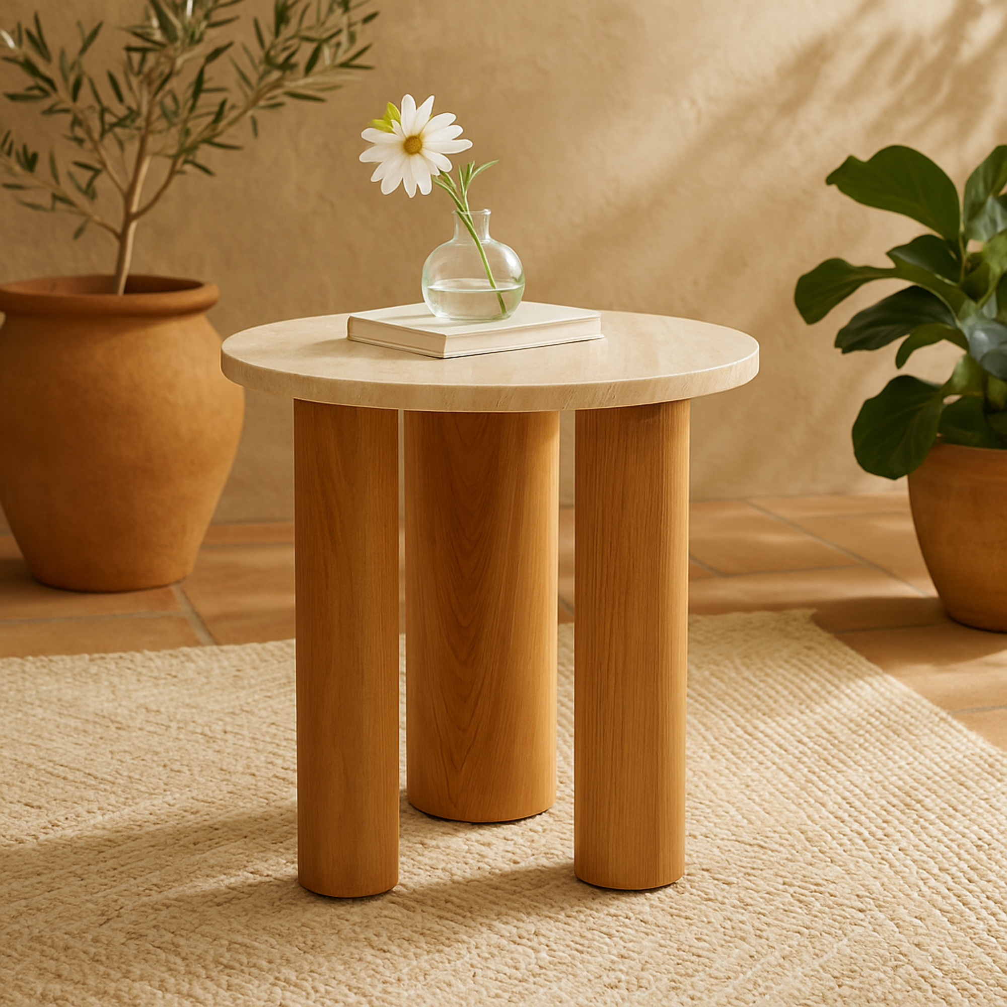 Brown Wood Side End Accent Table with Beige Round Marble Tabletop