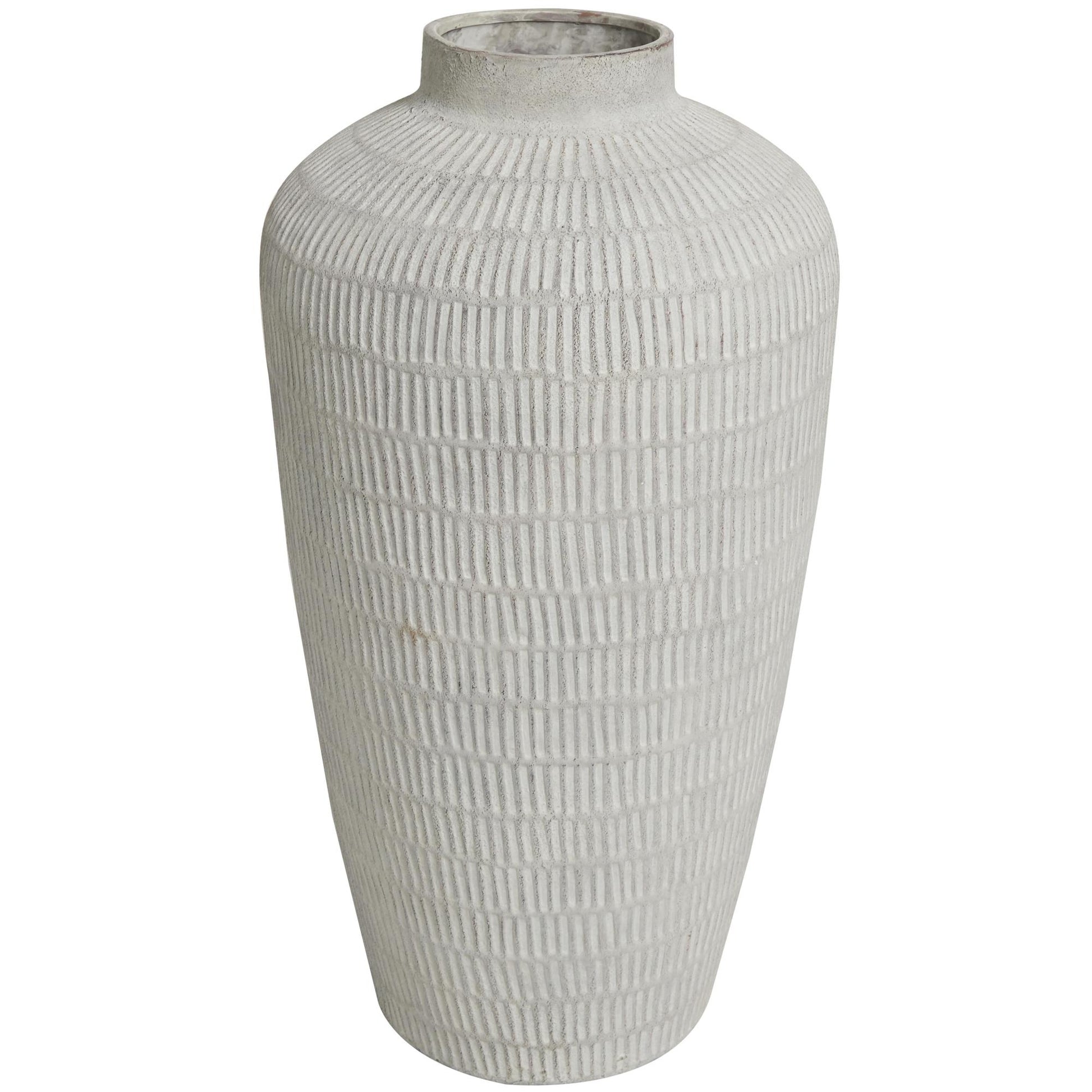 Cream Ceramic Textured Decorative Vase with Linear Pattern