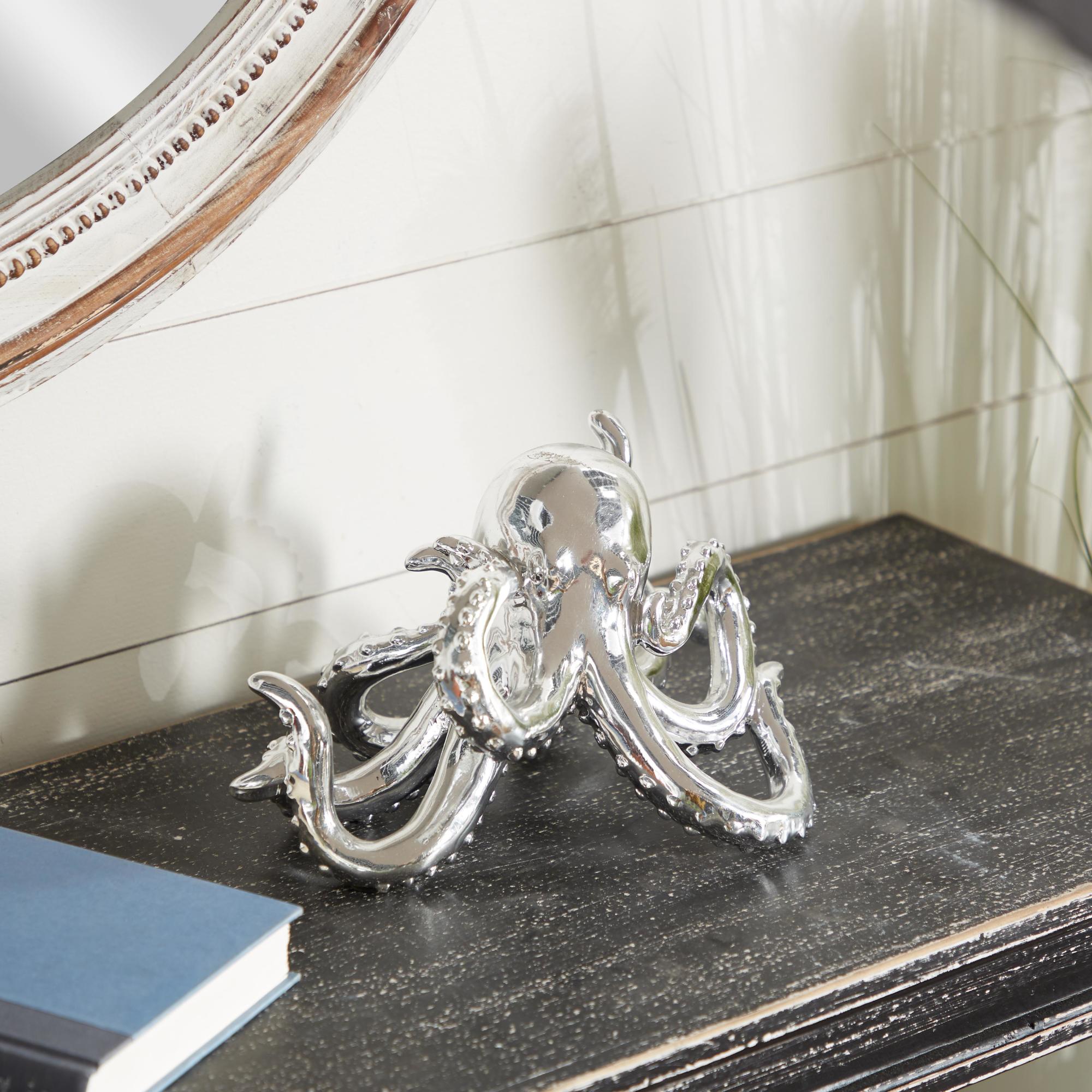 Octopus Silver Polystone Decorative Sculpture with Long Tentacles and Suctions Detailing