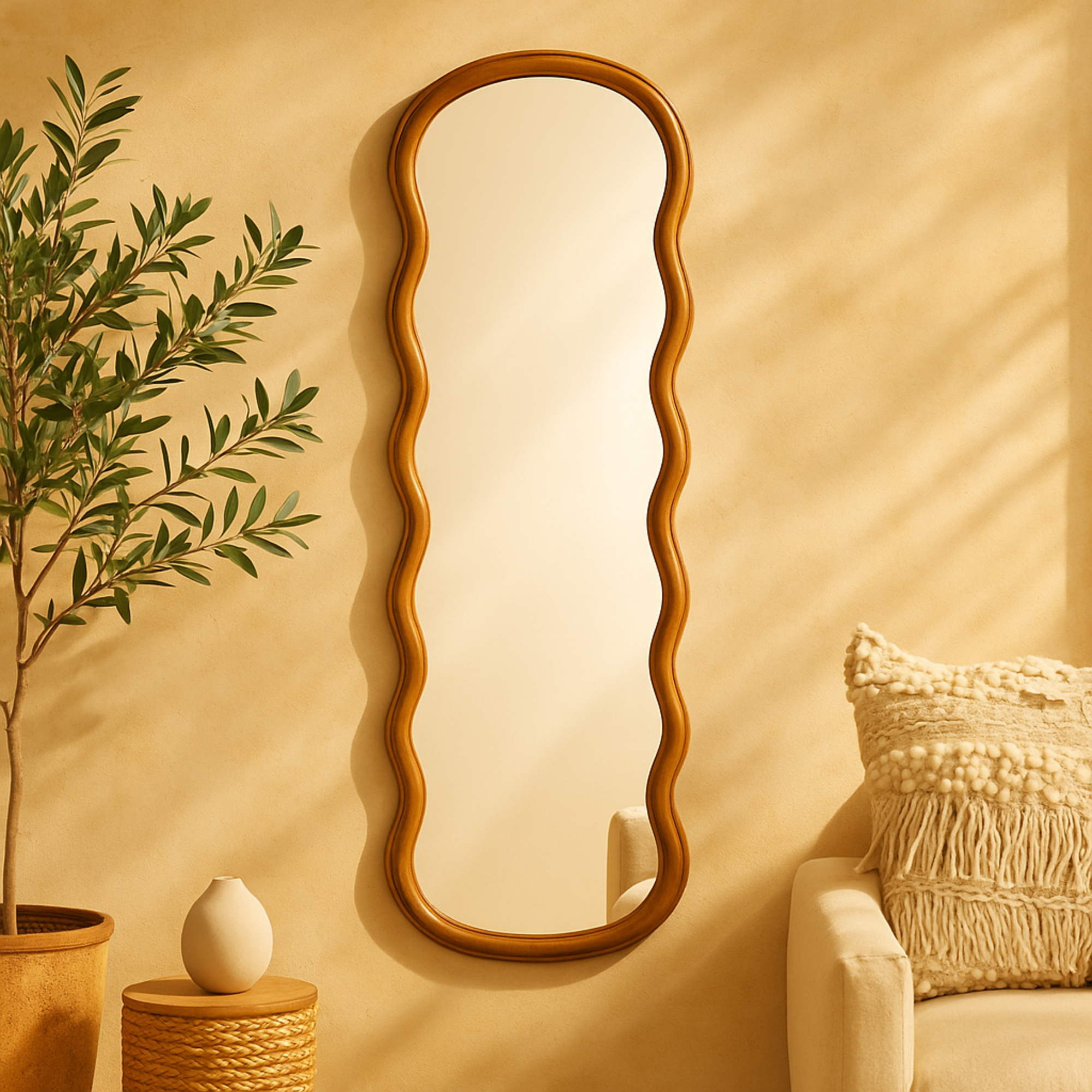 Abstract Wood Handmade Wavy Room Wall Mirror