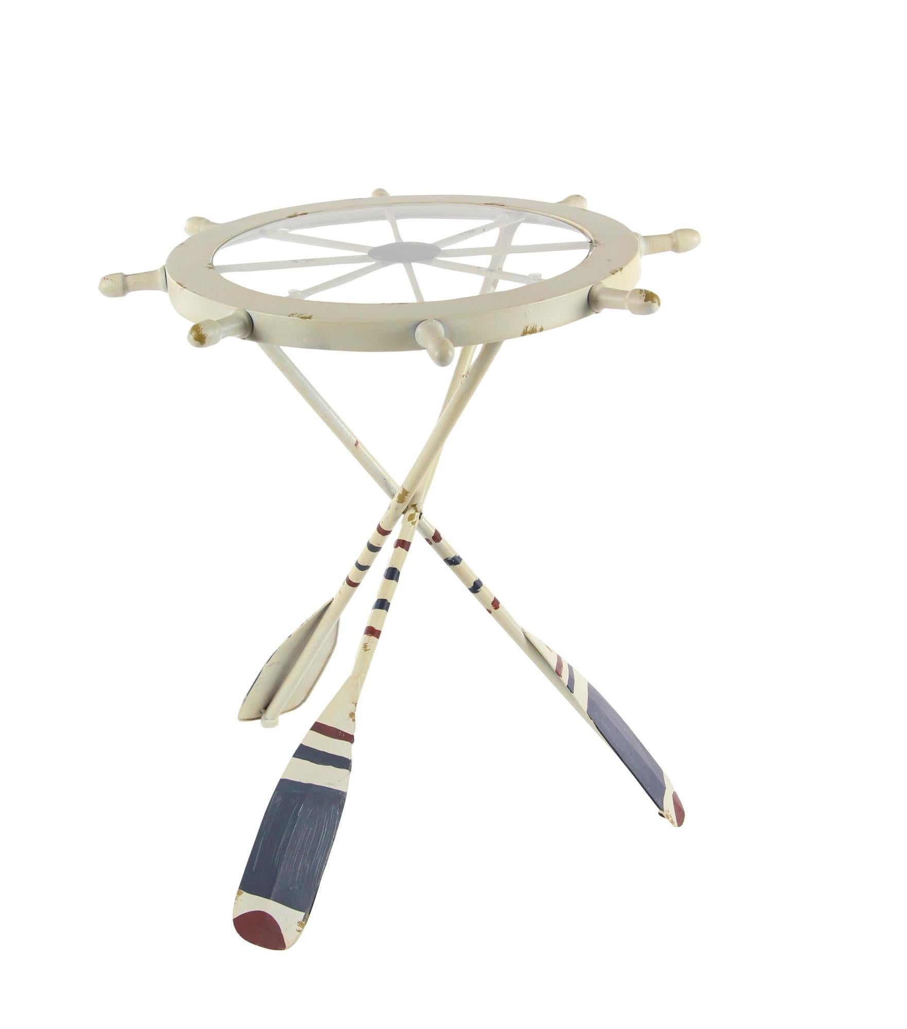 Ship Wheel White Metal Top Side End Accent Table with Oar Shaped Legs