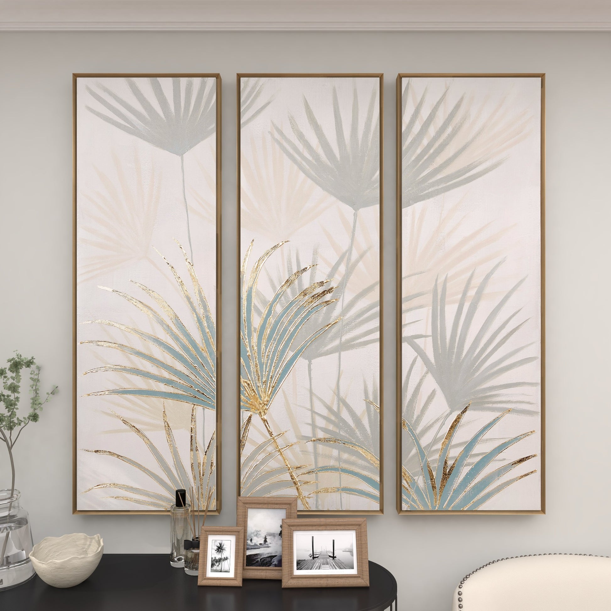 Set of 3 Palm Tree Teal Canvas Metallic Layered Leaf Living Room Framed Wall Art with Gold Foil Details