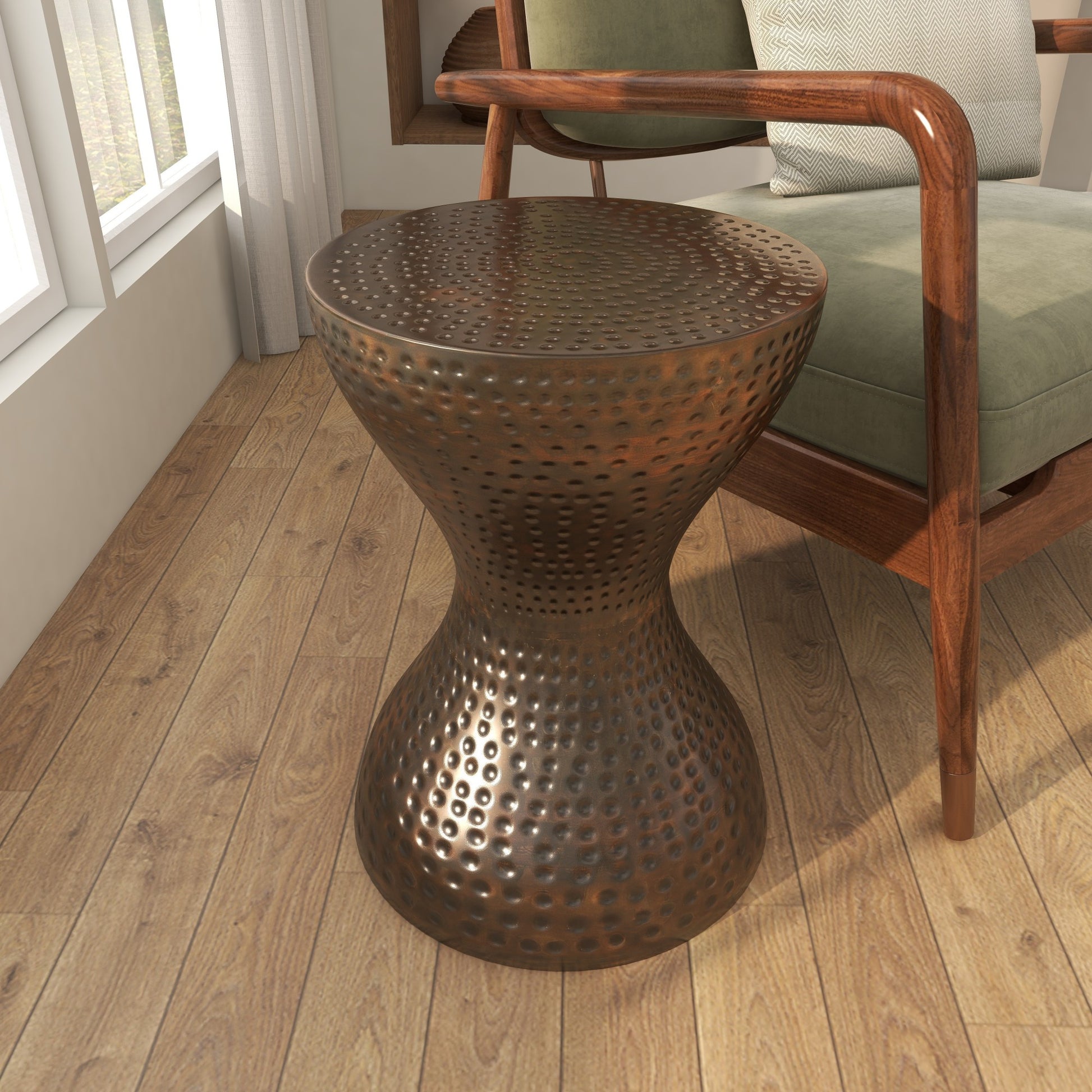 Metal Hammered Side End Accent Table with Hourglass Shape