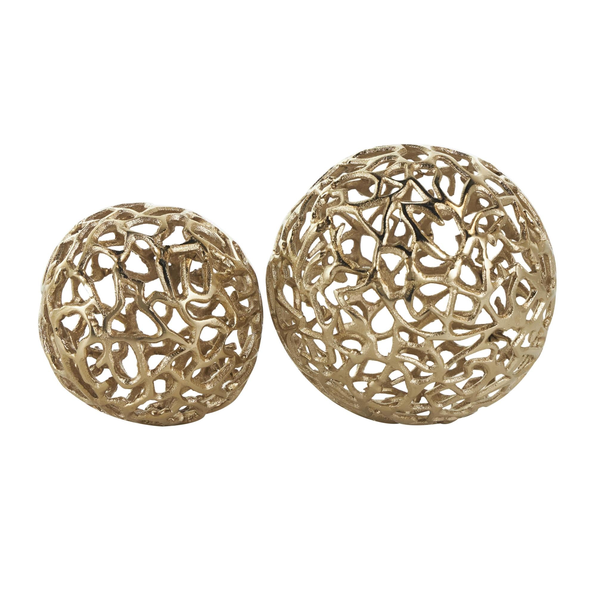 Set of 2 Coral Aluminum Metal Decorative Orbs & Vase Filler with Open Lattice Work