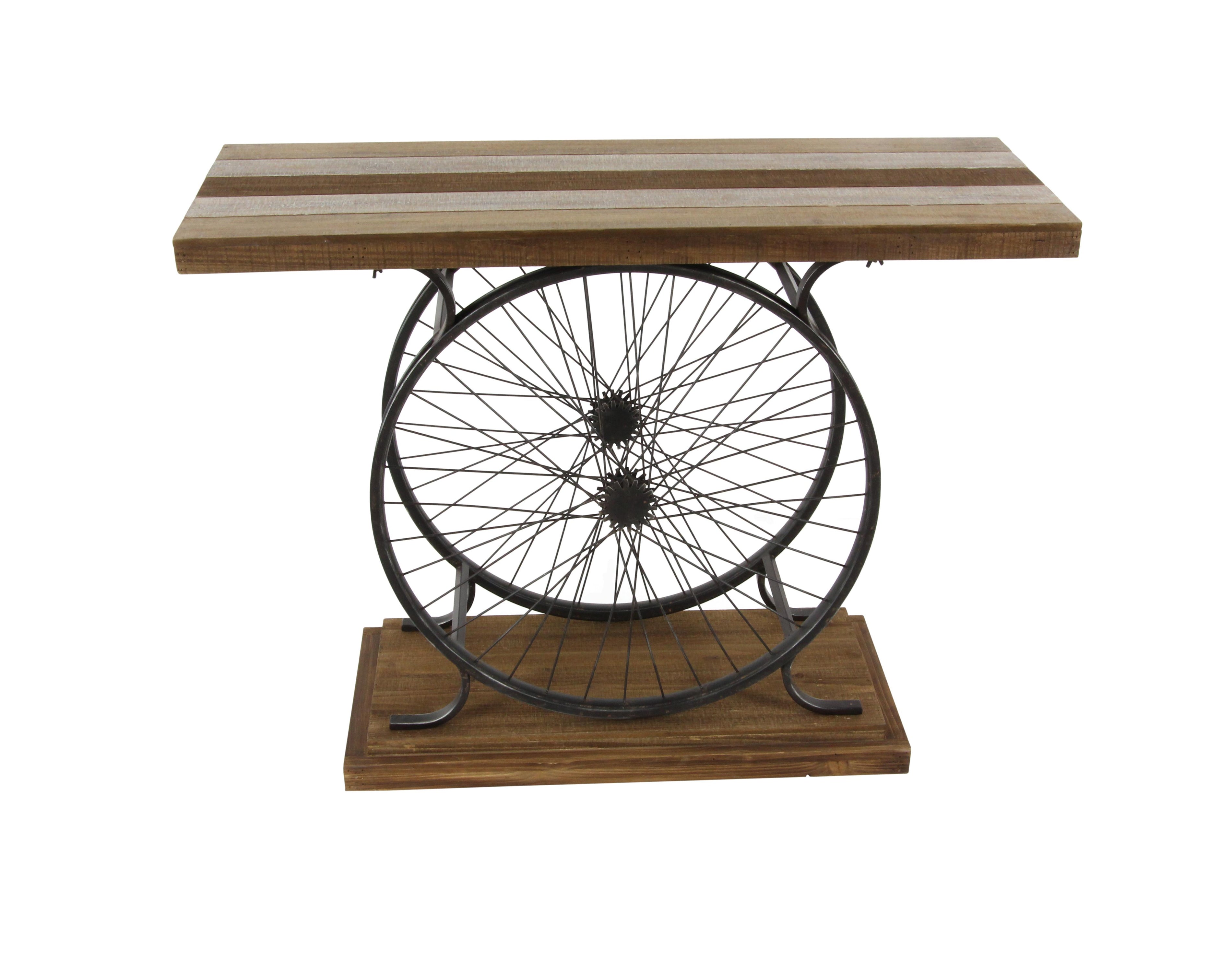Bike Wood Wide Slatted Top Living Room Console Table with Dual Wheel Frame and Tiered Base