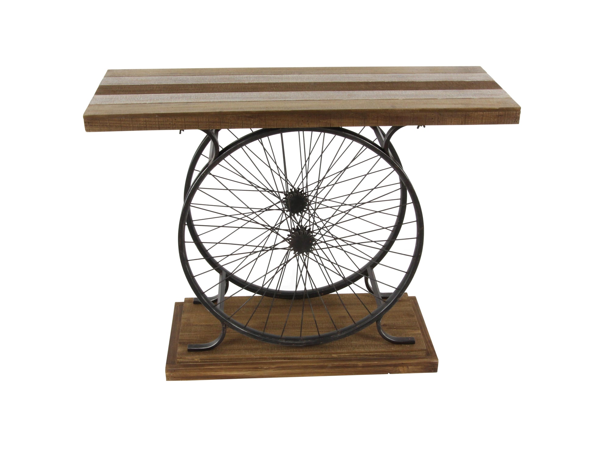 Bike Wood Wide Slatted Top Living Room Console Table with Dual Wheel Frame and Tiered Base