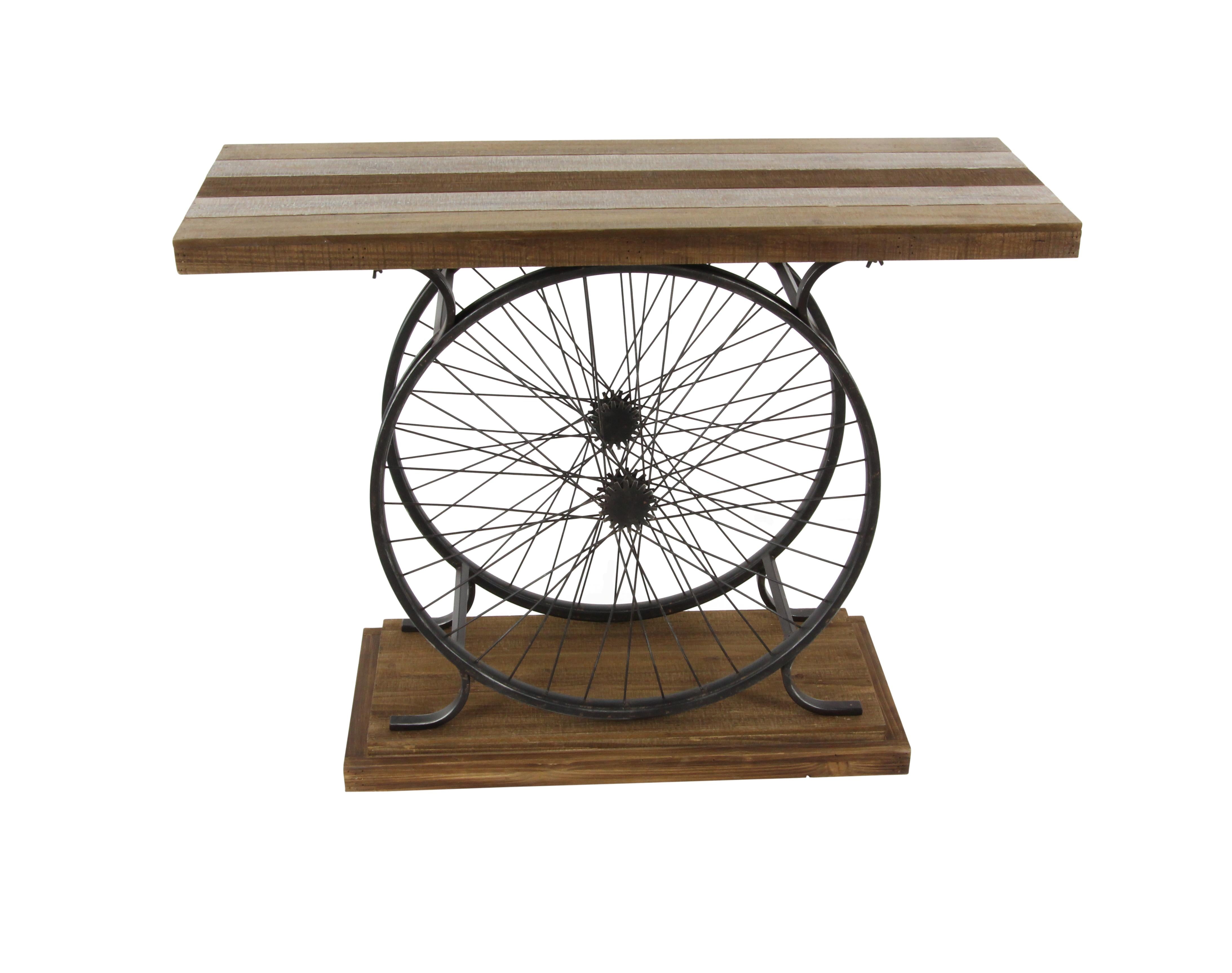 Bike Wood Wide Slatted Top Living Room Console Table with Dual Wheel Frame and Tiered Base
