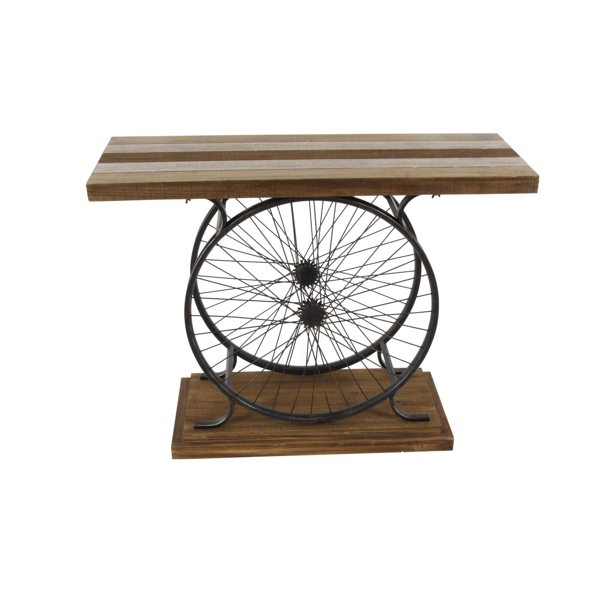 Bike Wood Wide Slatted Top Living Room Console Table with Dual Wheel Frame and Tiered Base