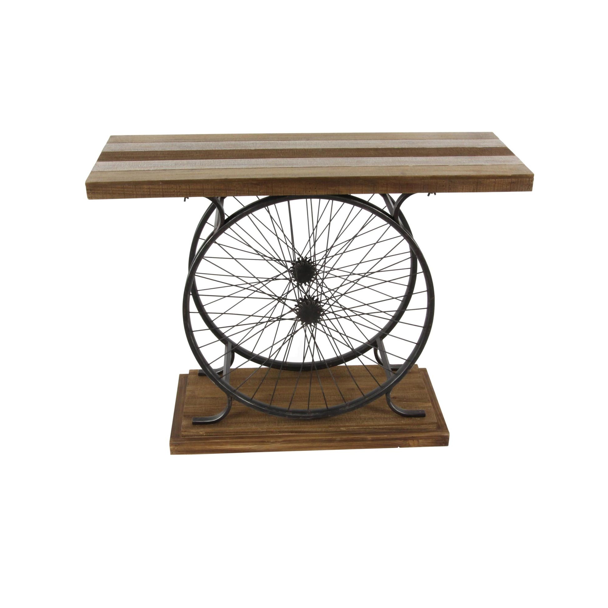 Bike Wood Wide Slatted Top Living Room Console Table with Dual Wheel Frame and Tiered Base