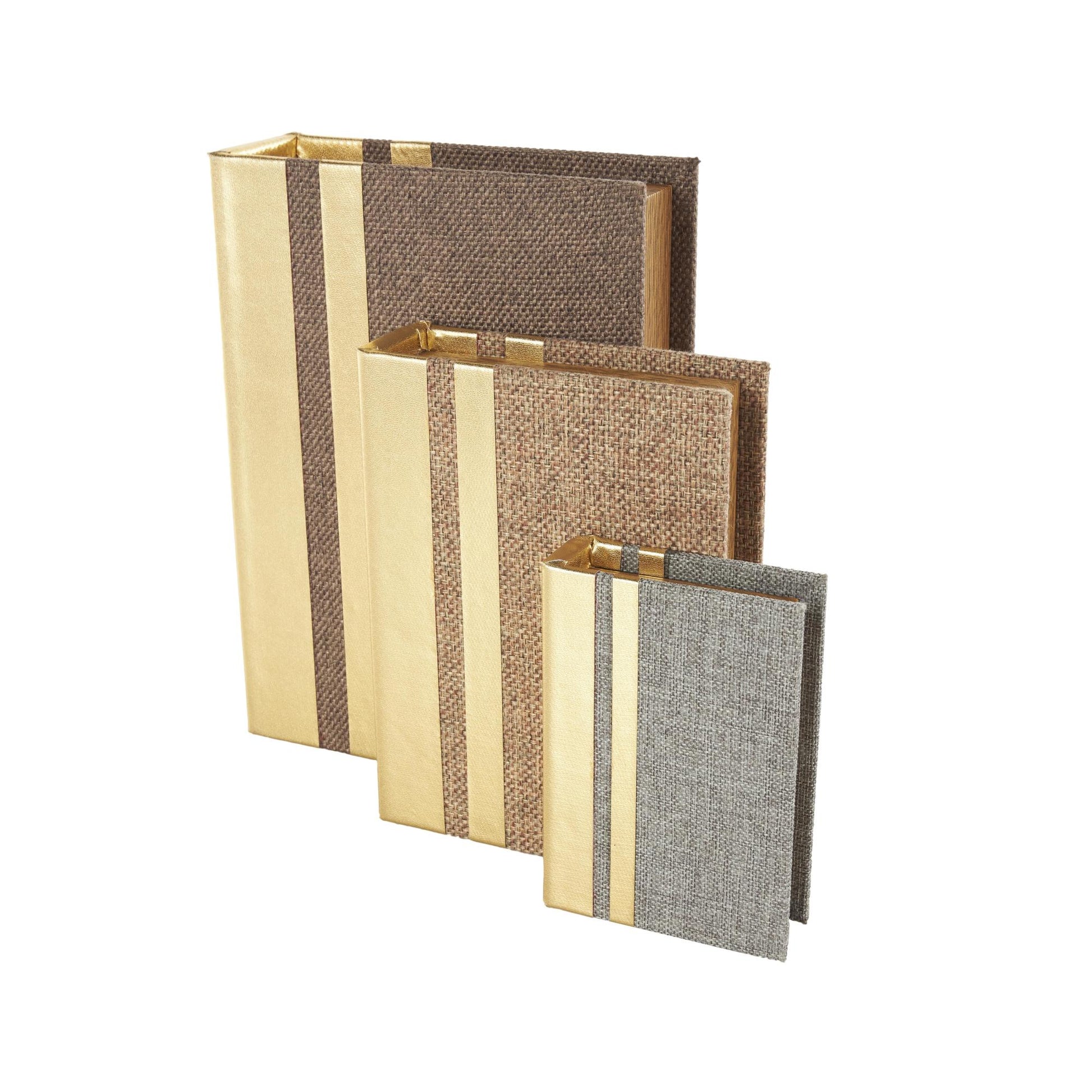 Set of 3 Brown Linen Fabric Textured Faux Book Storage Decorative Box with Gold Faux Leather