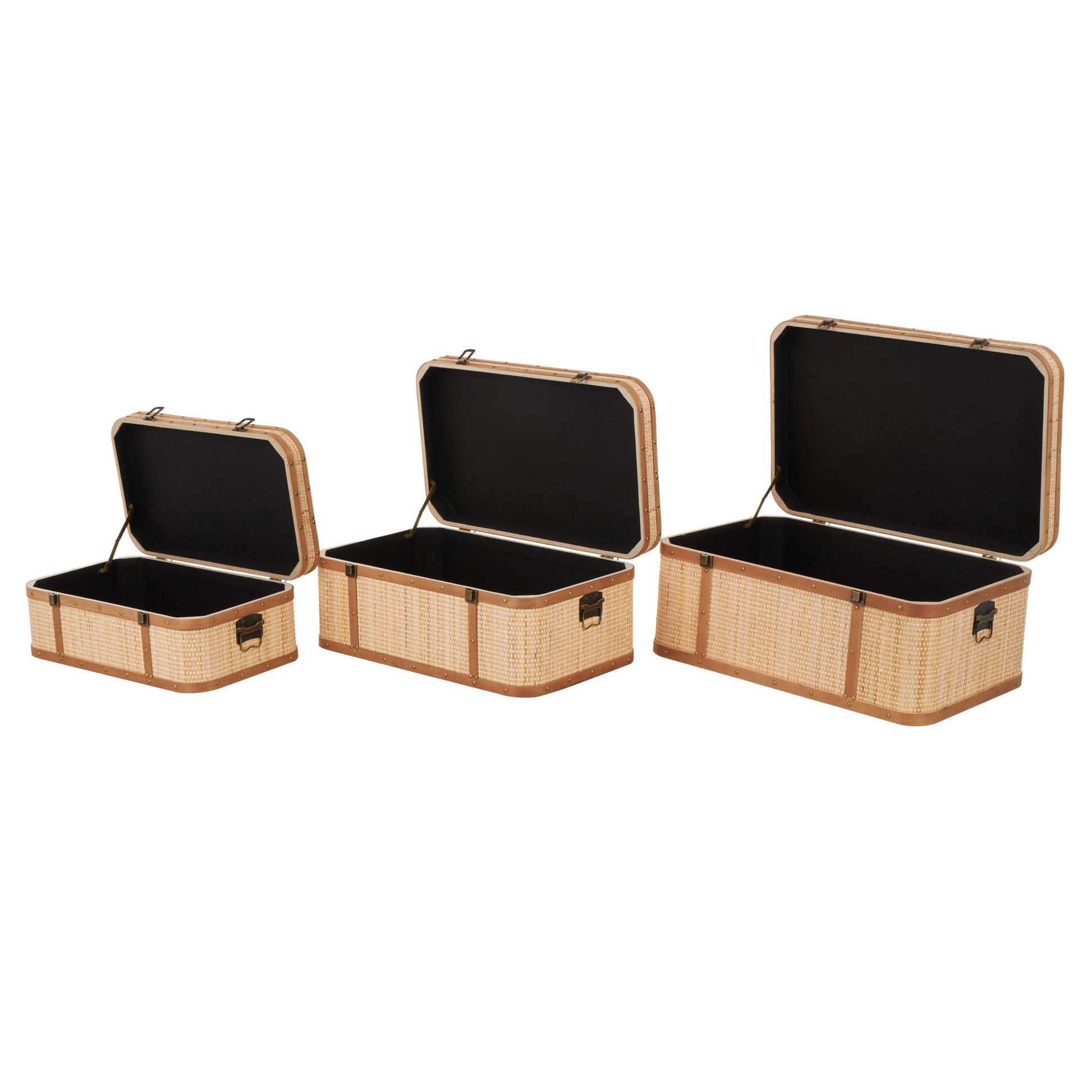 Set of 3 Light Brown Rattan Woven Decorative Trunk with Brass Metal Latches and Brown Wooden Accents