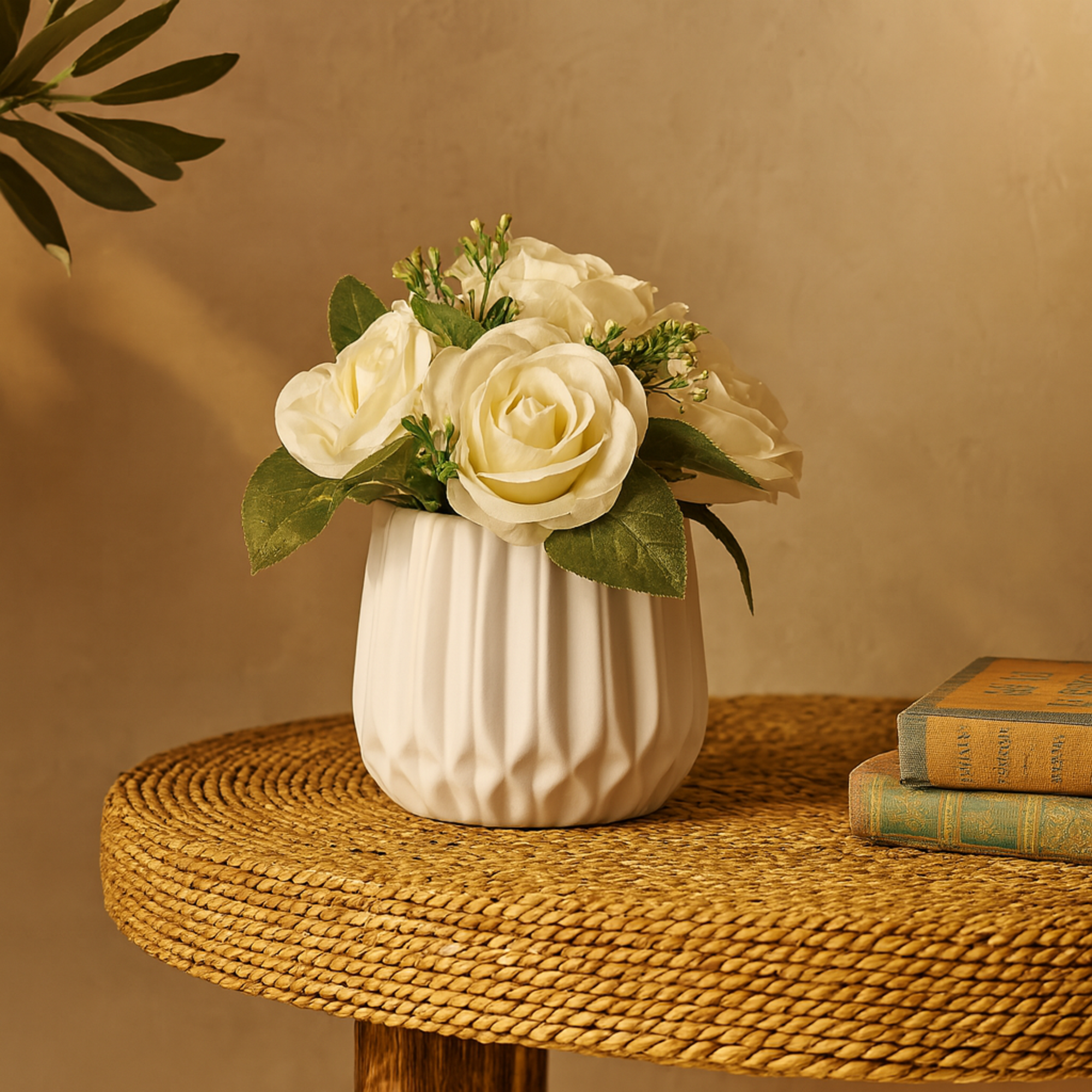 Hydrangea and Pom Pom White Fabric Indoor Outdoor Artificial Flower with Green Leaves and Round Ceramic Vase