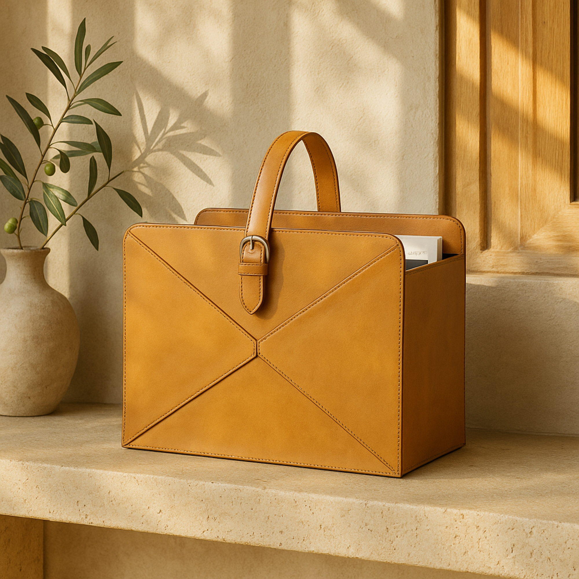 Leather Handmade Box Style Single Slot Decorative Magazine Holder with Detail Stitching and Curved Buckle Handles 16" x 11" x 17"