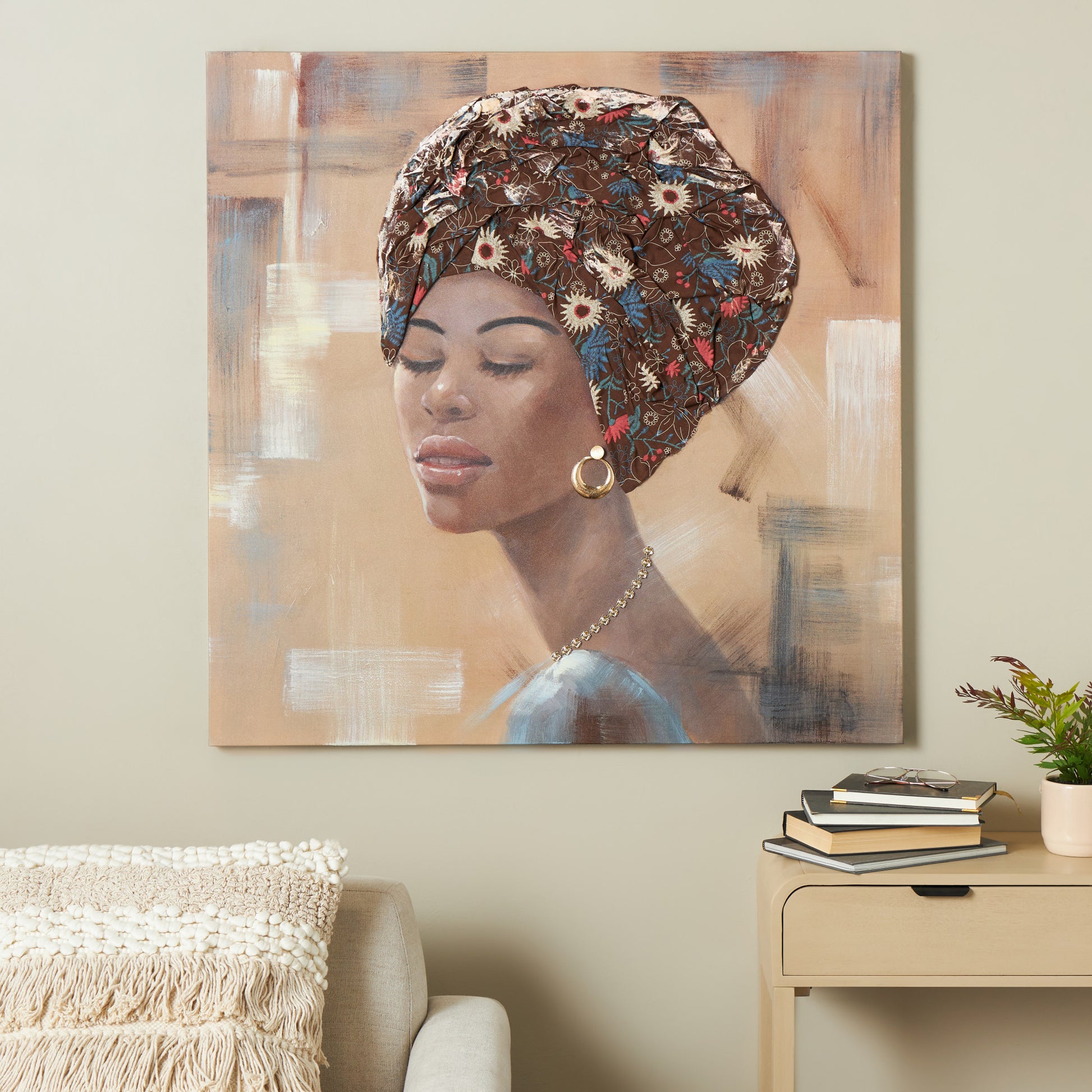 Woman Brown Canvas Decorative Wall Art with 3D Fabric Headwear And Gold Jewels