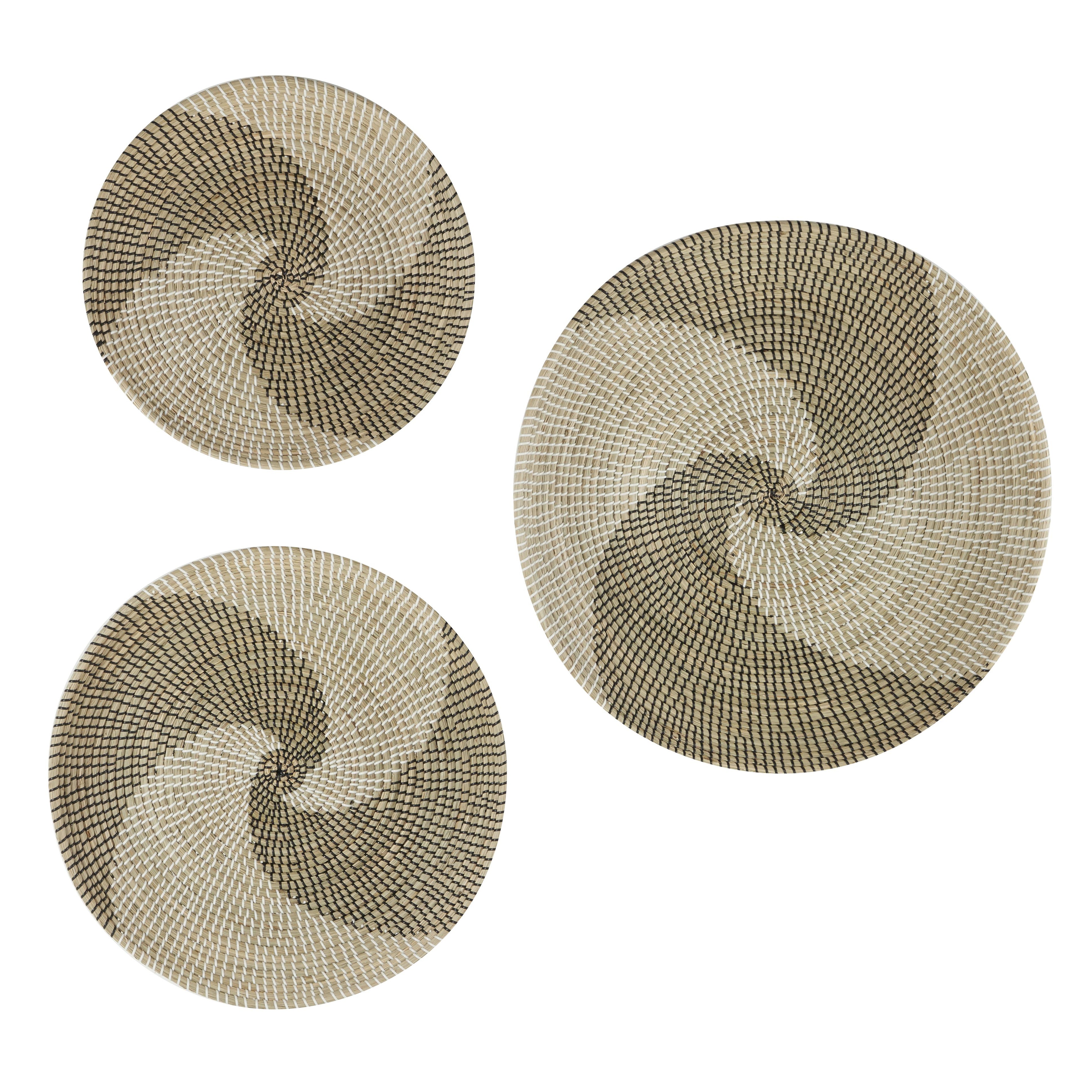 Set of 3 Plate Seagrass Handmade Spiral Basket Home Wall Decor with Black and White Accents Set of 3 29", 24", 20"D