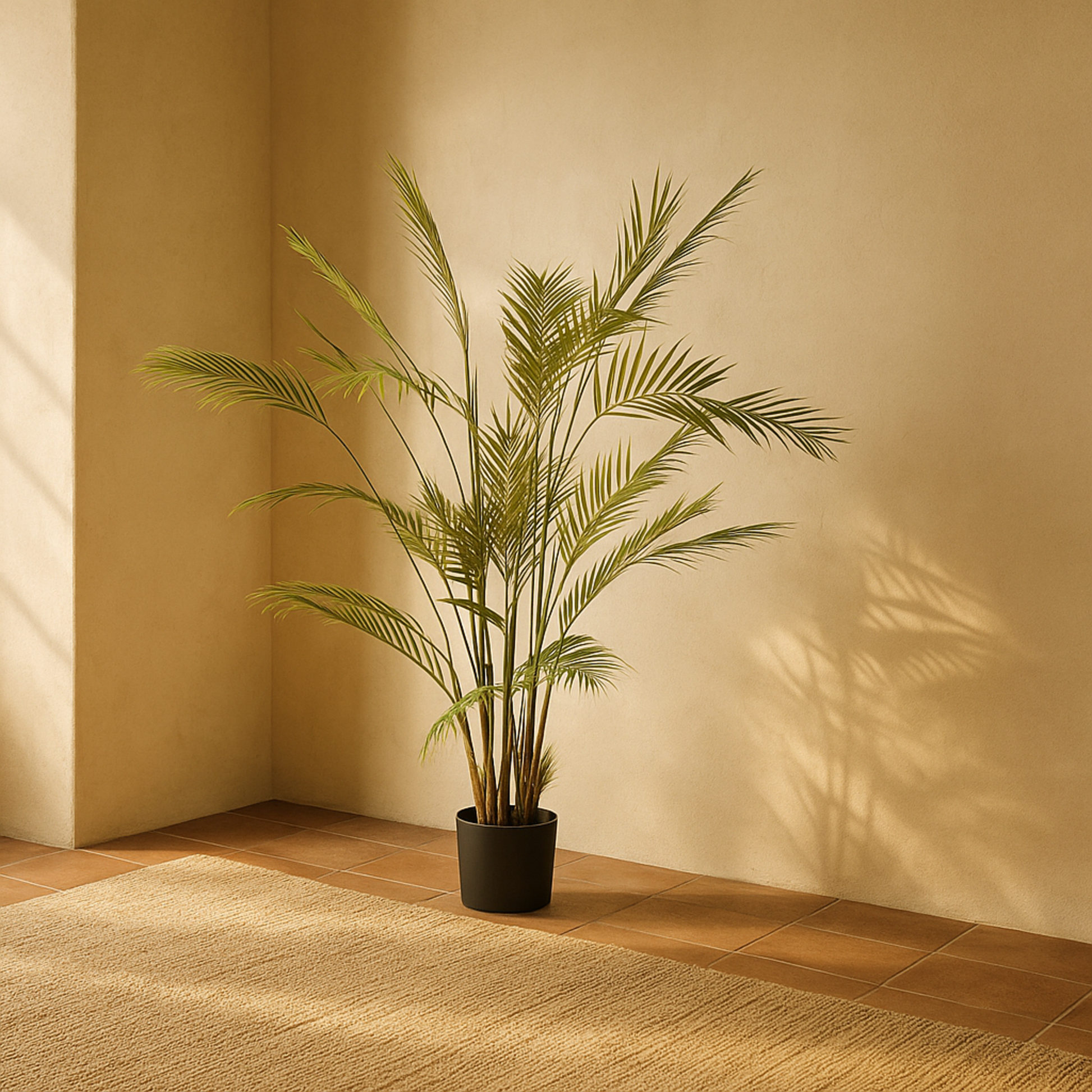 Kwai Palm Green Faux Foliage Indoor Outdoor Artificial Plant with Realistic Leaves and Black Round Pot