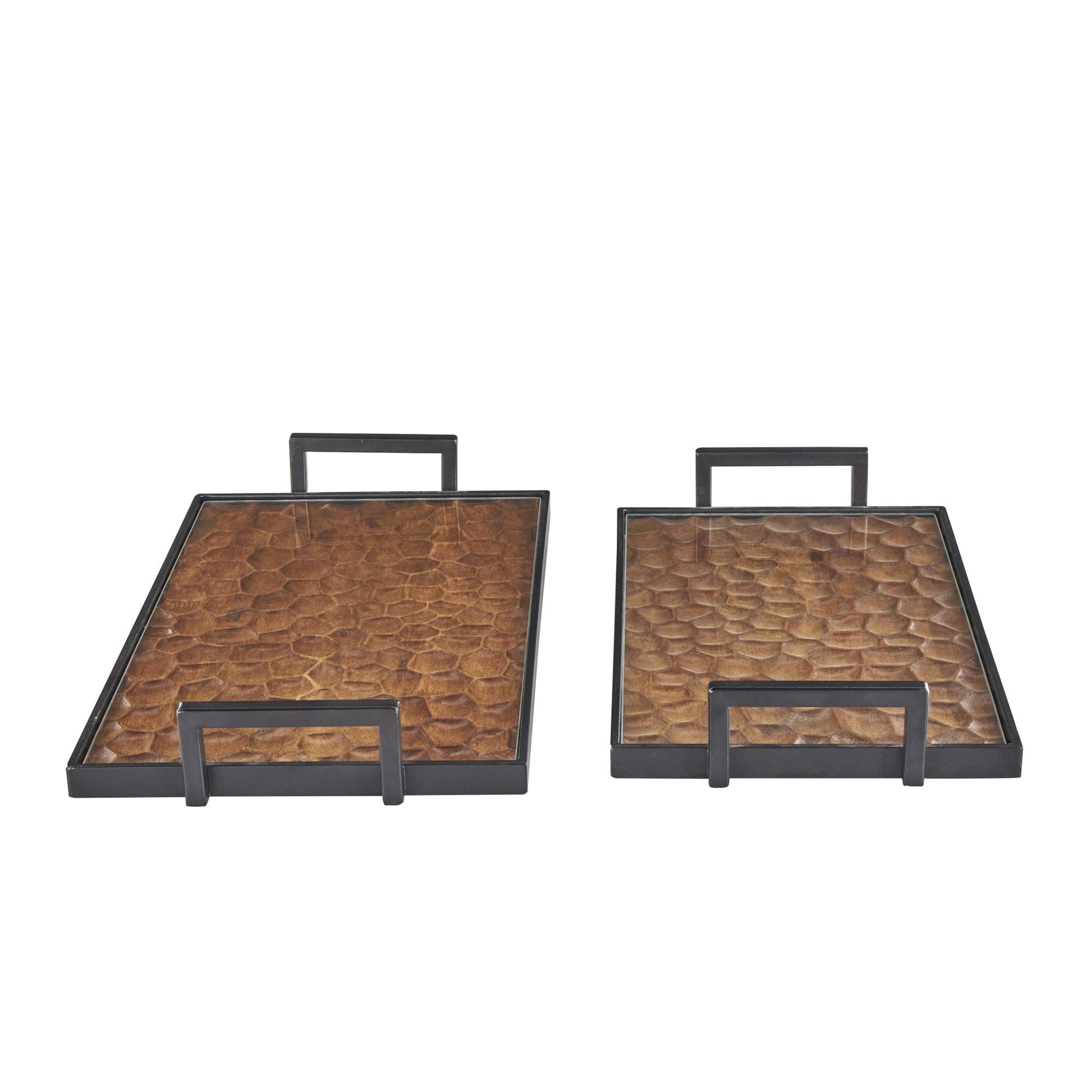 Set of 2 Brown Wood Handmade Carved Pebbled Bottom Living Room Decor Tray with Black handles
