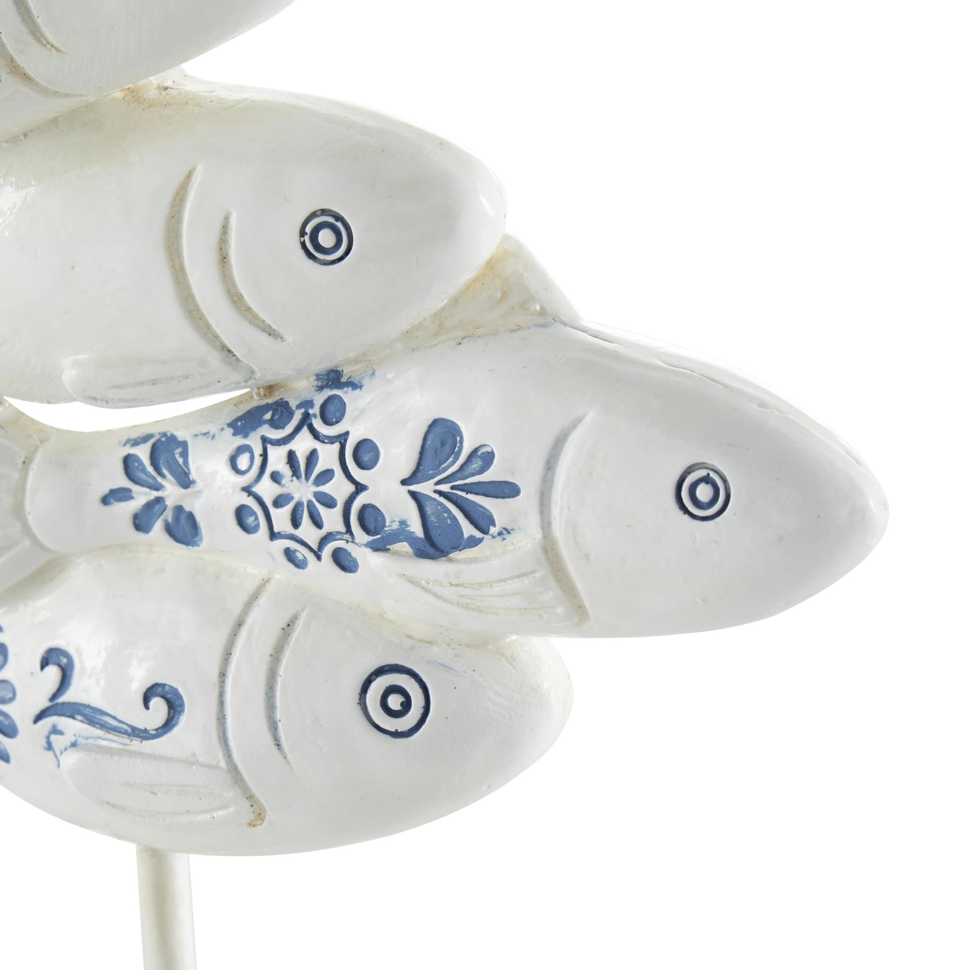Fish White Polystone Decorative Sculpture with Blue Floral Patterns and Stand