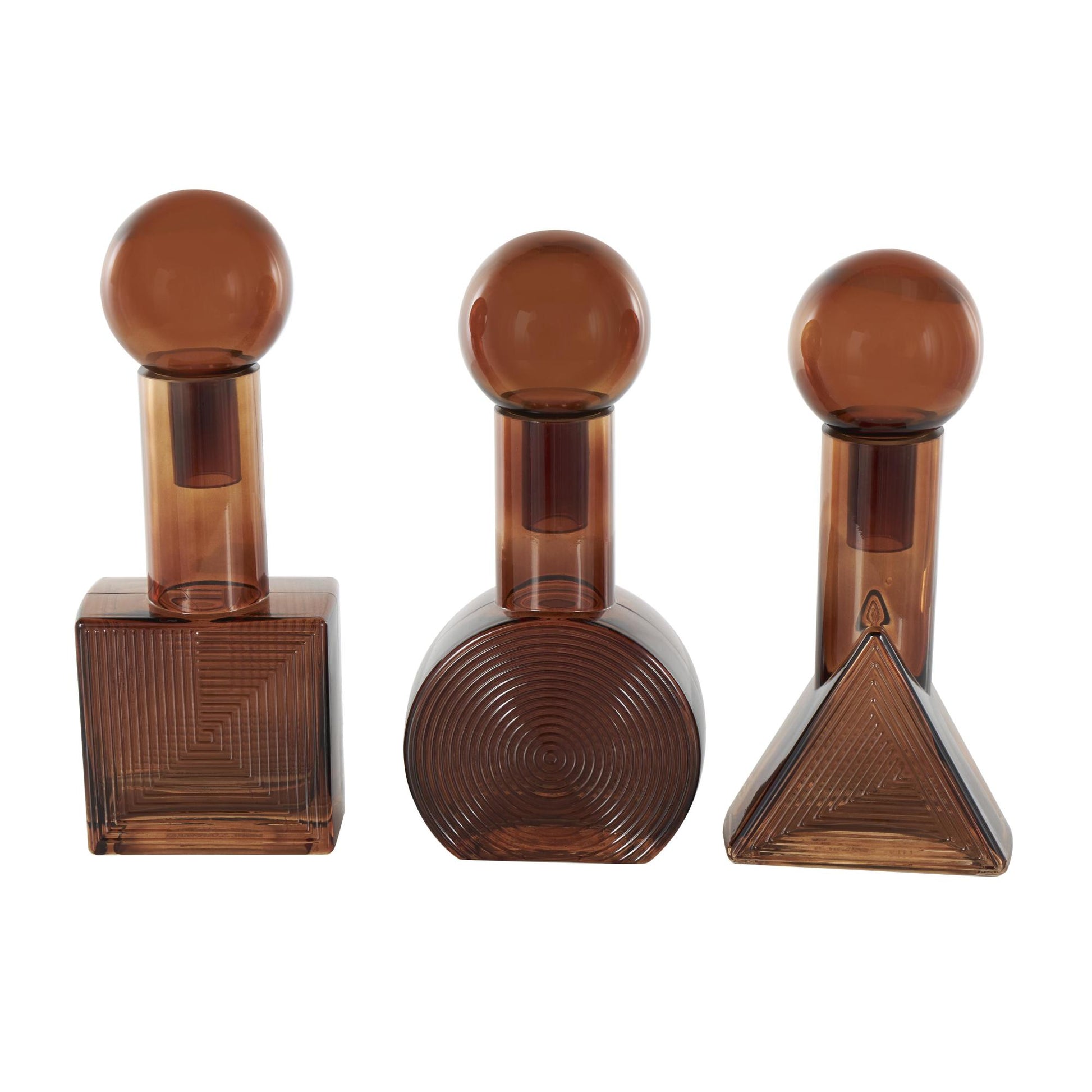 Set of 3 Geometric Brown Glass Triangle, Circle, Square Ombre Living Room Decorative Jars