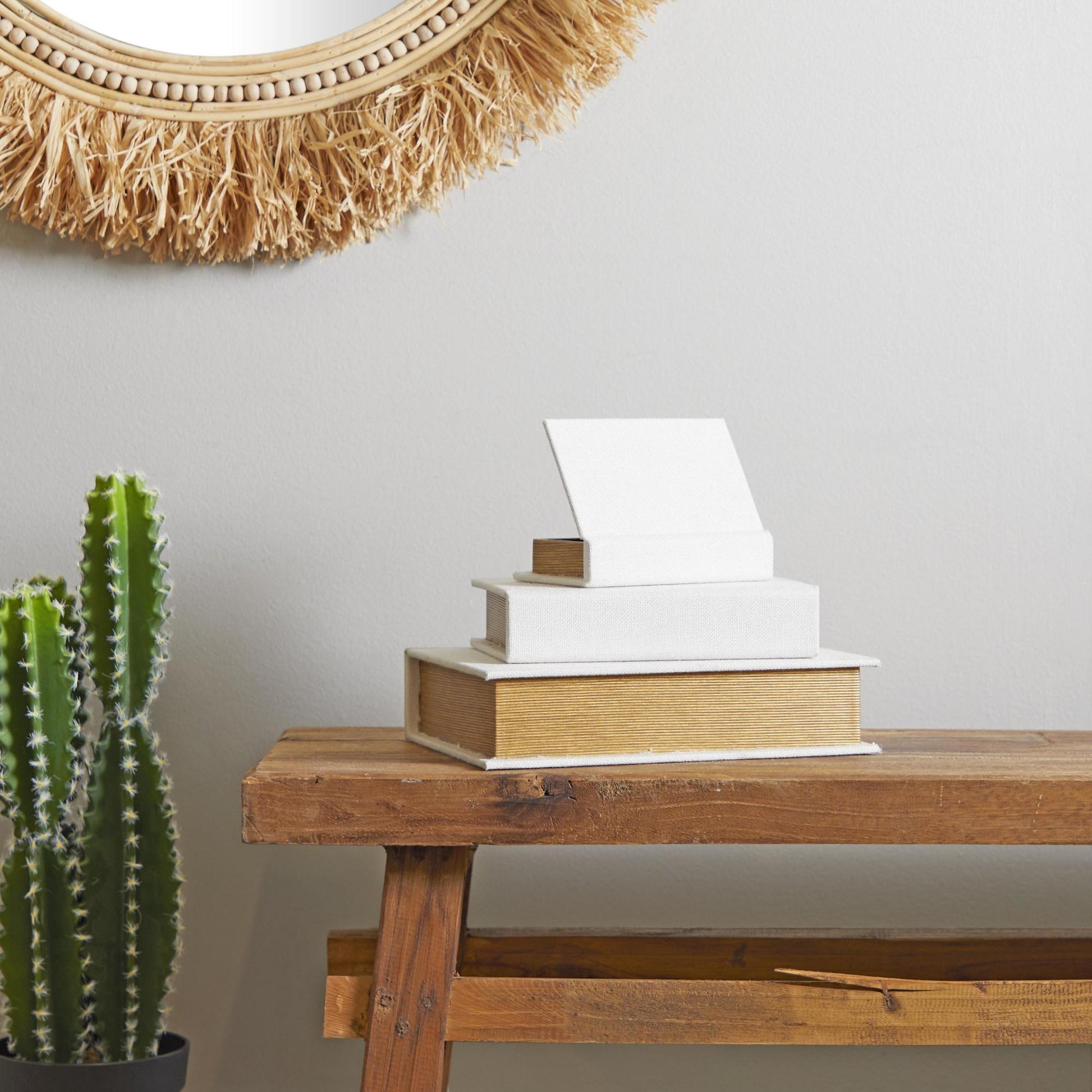 Set of 3 Linen Fabric Textured Faux Book Storage Decorative Box with Gold Page Detailing