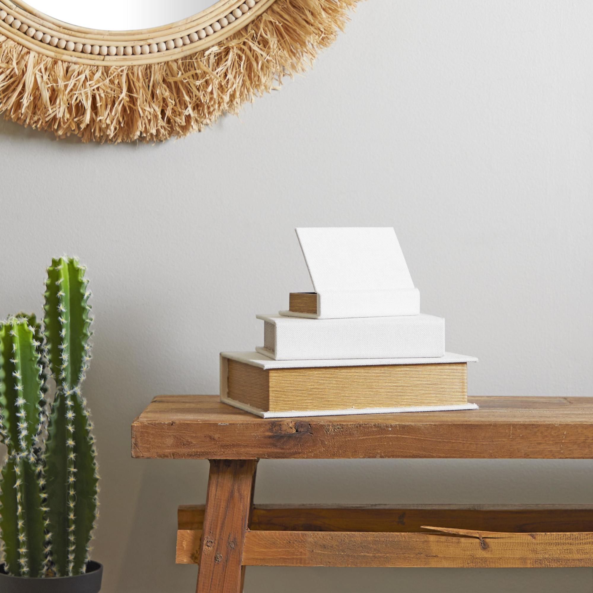 Set of 3 Linen Fabric Textured Faux Book Storage Decorative Box with Gold Page Detailing