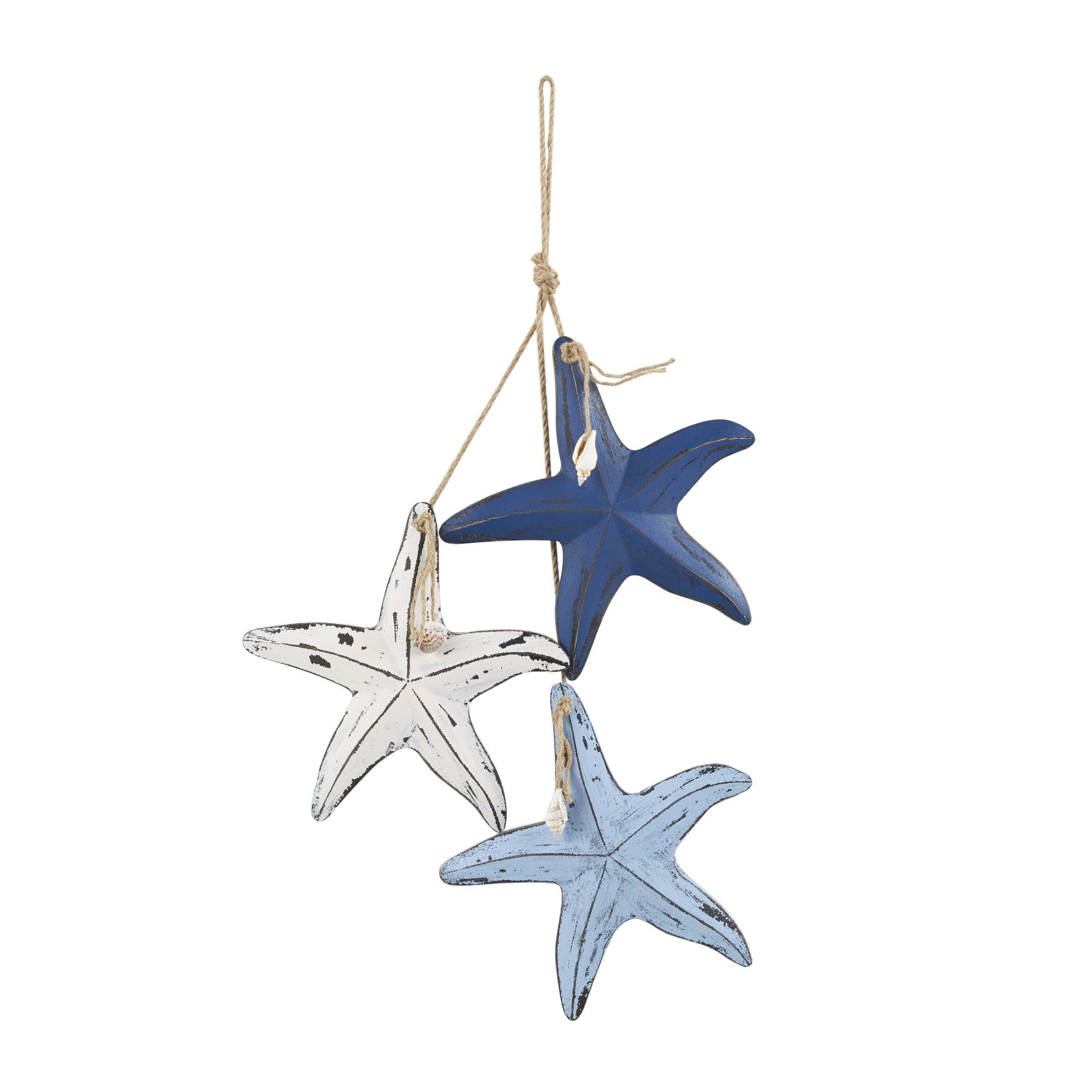 Starfish Blue Wooden Distressed Layered Home Wall Decor with Hanging Rope and Decorative Shell Accents