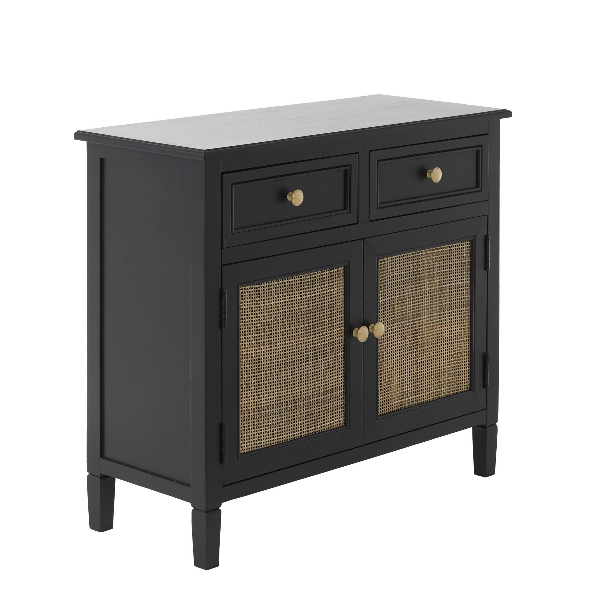 Black Wood Handmade 2 Door and 2 Drawer Room Cabinet with Rattan Front