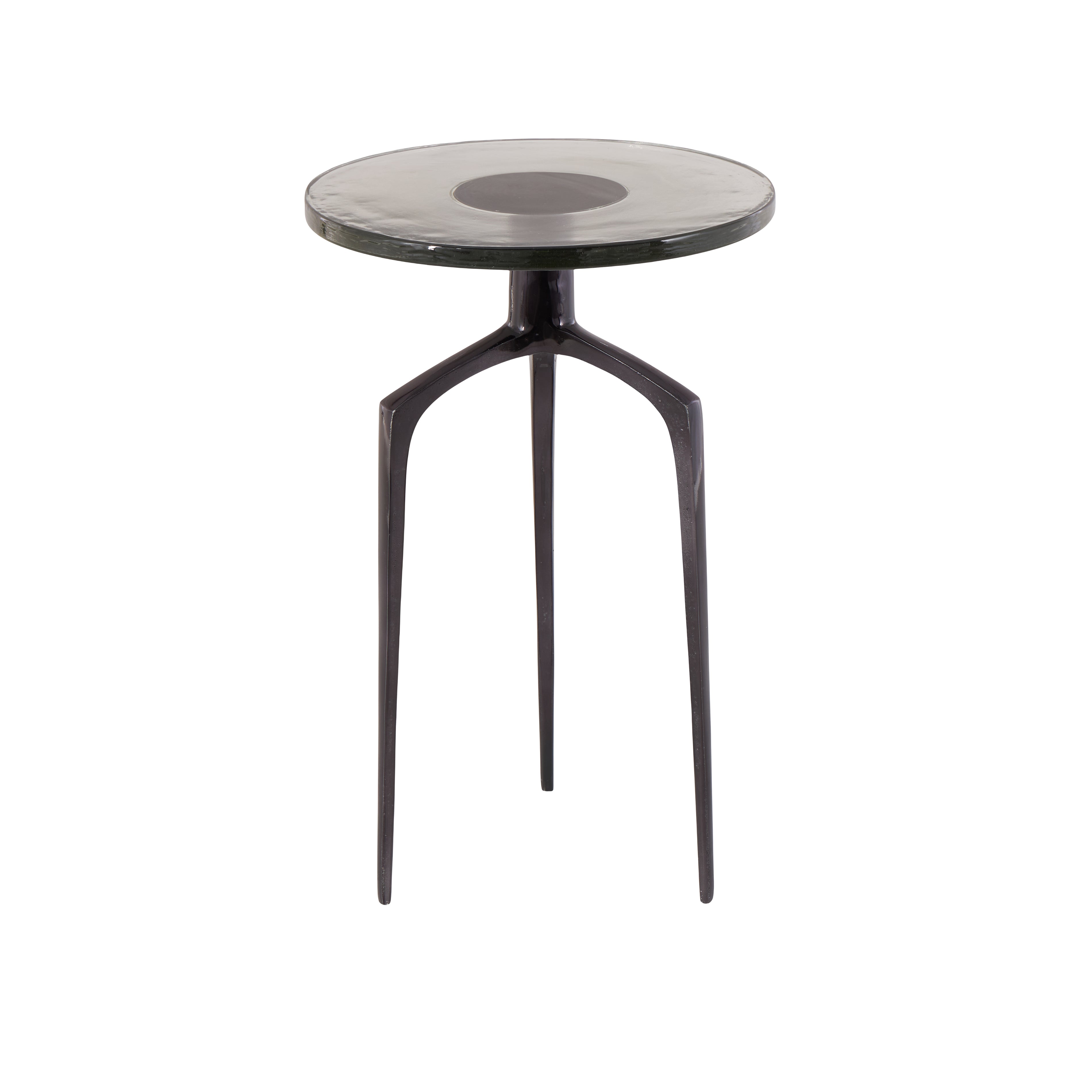 Aluminum Metal Small Tripod Side End Accent Table with Textured Glass Tabletop