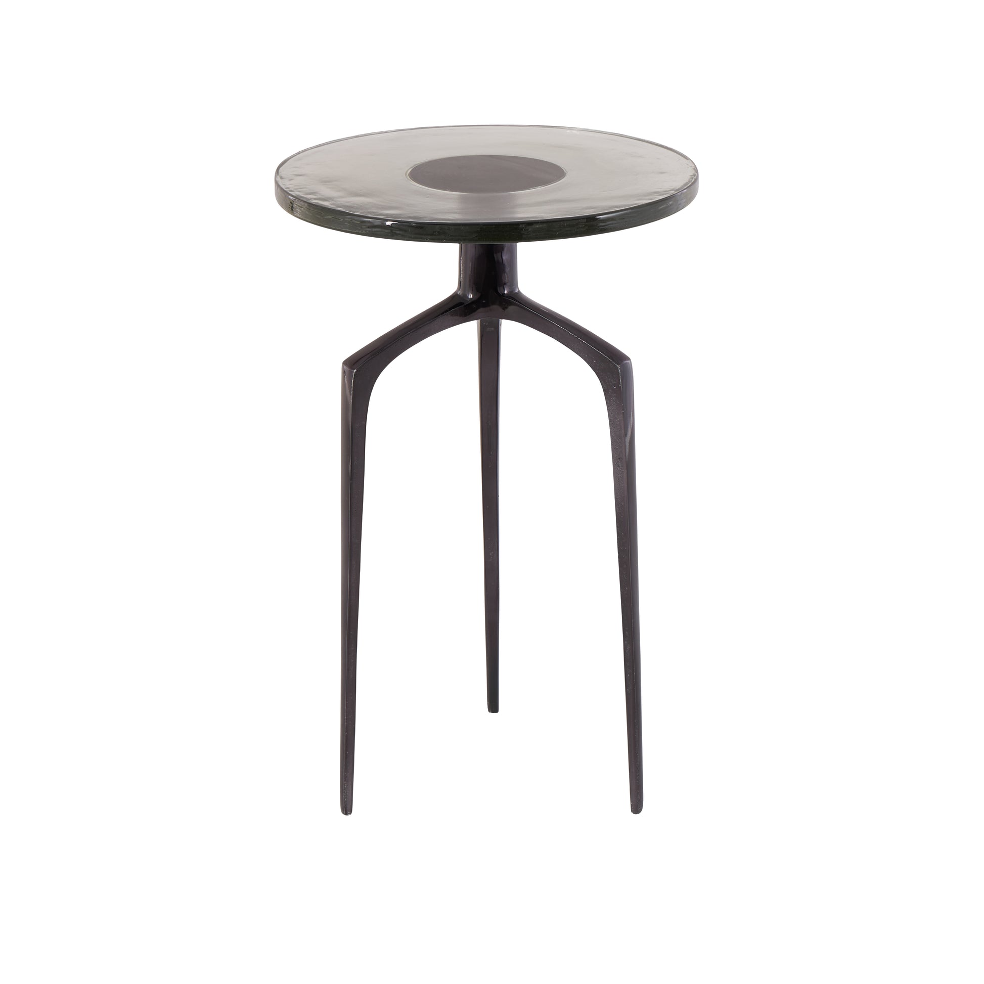 Aluminum Metal Small Tripod Side End Accent Table with Textured Glass Tabletop