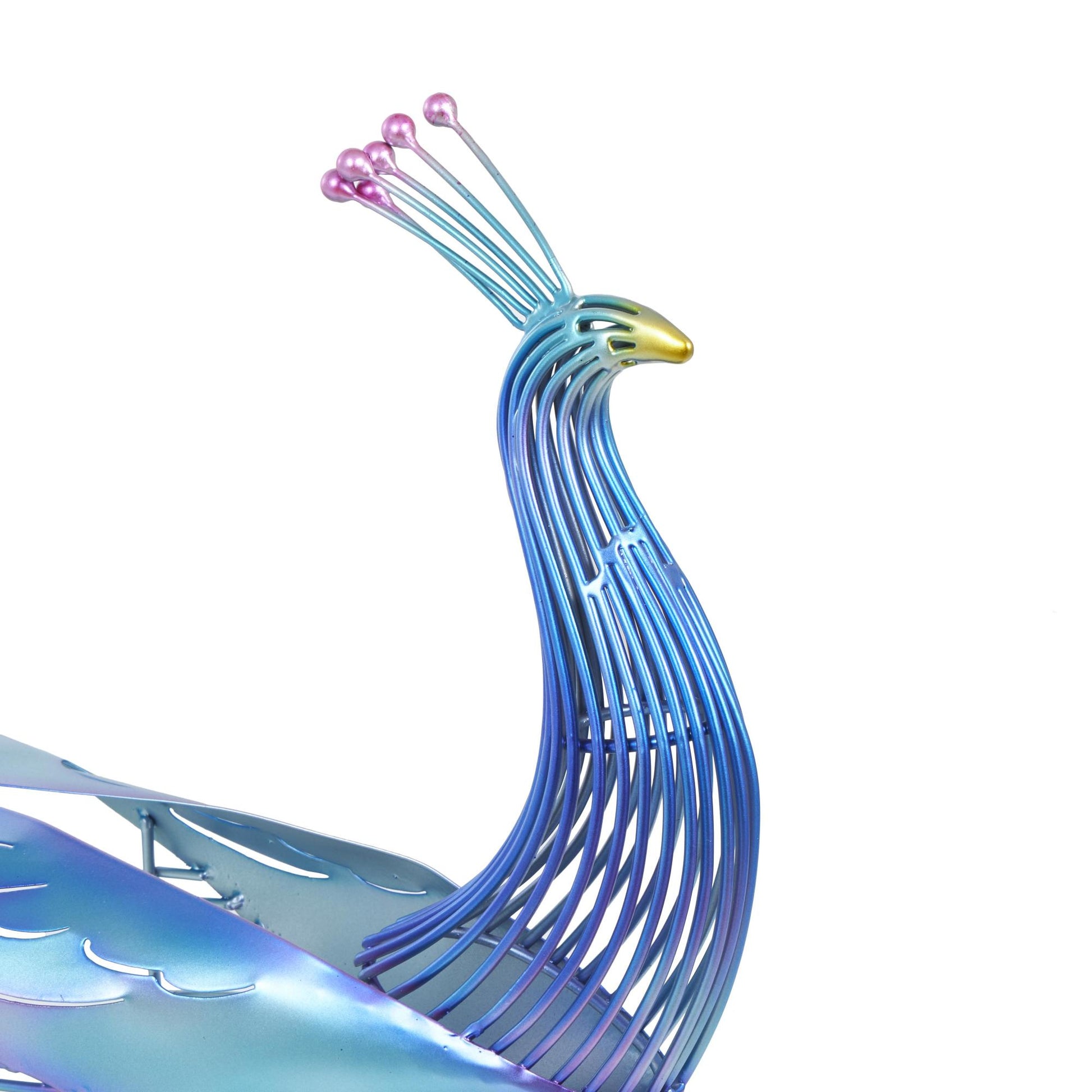Peacock Blue Metal Decorative Garden Sculpture with Open Wire Framed Body and Rainbow Accents