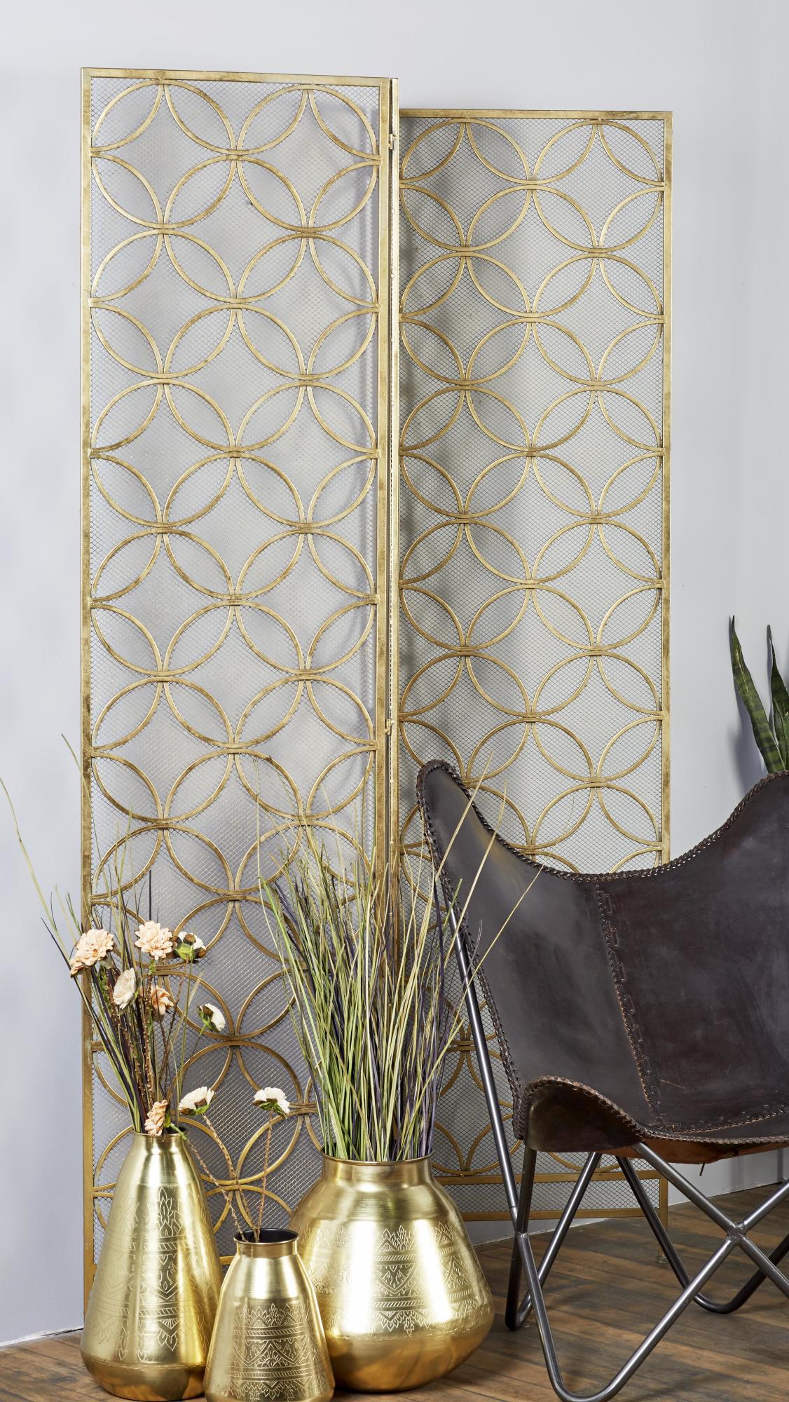 Geometric Brass Metal Hinged Foldable Partition 3 Panel Partition Room Divider Screen