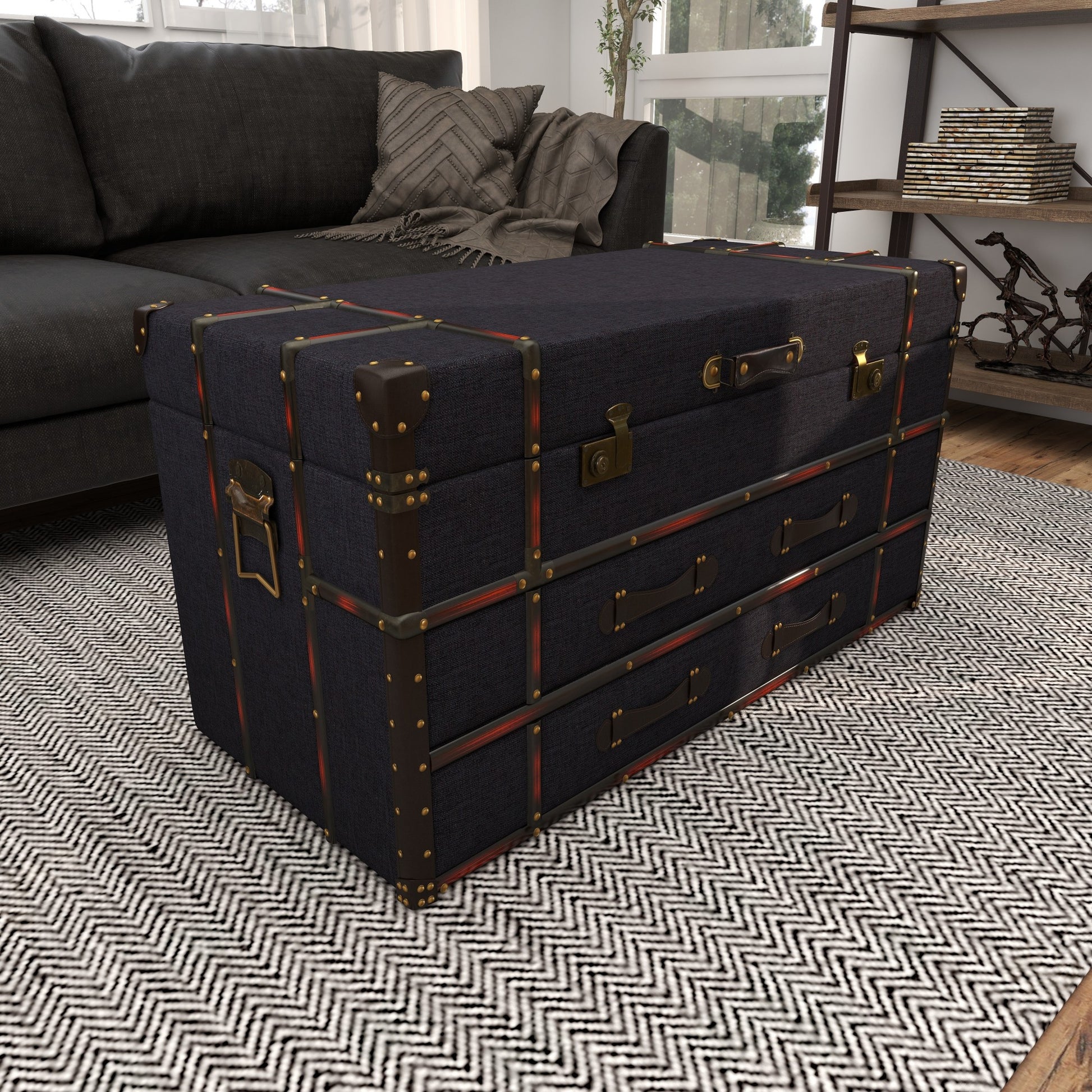 Faux Leather Vintage 2 Drawer Living Room Coffee Table with Buckle Hinged Top