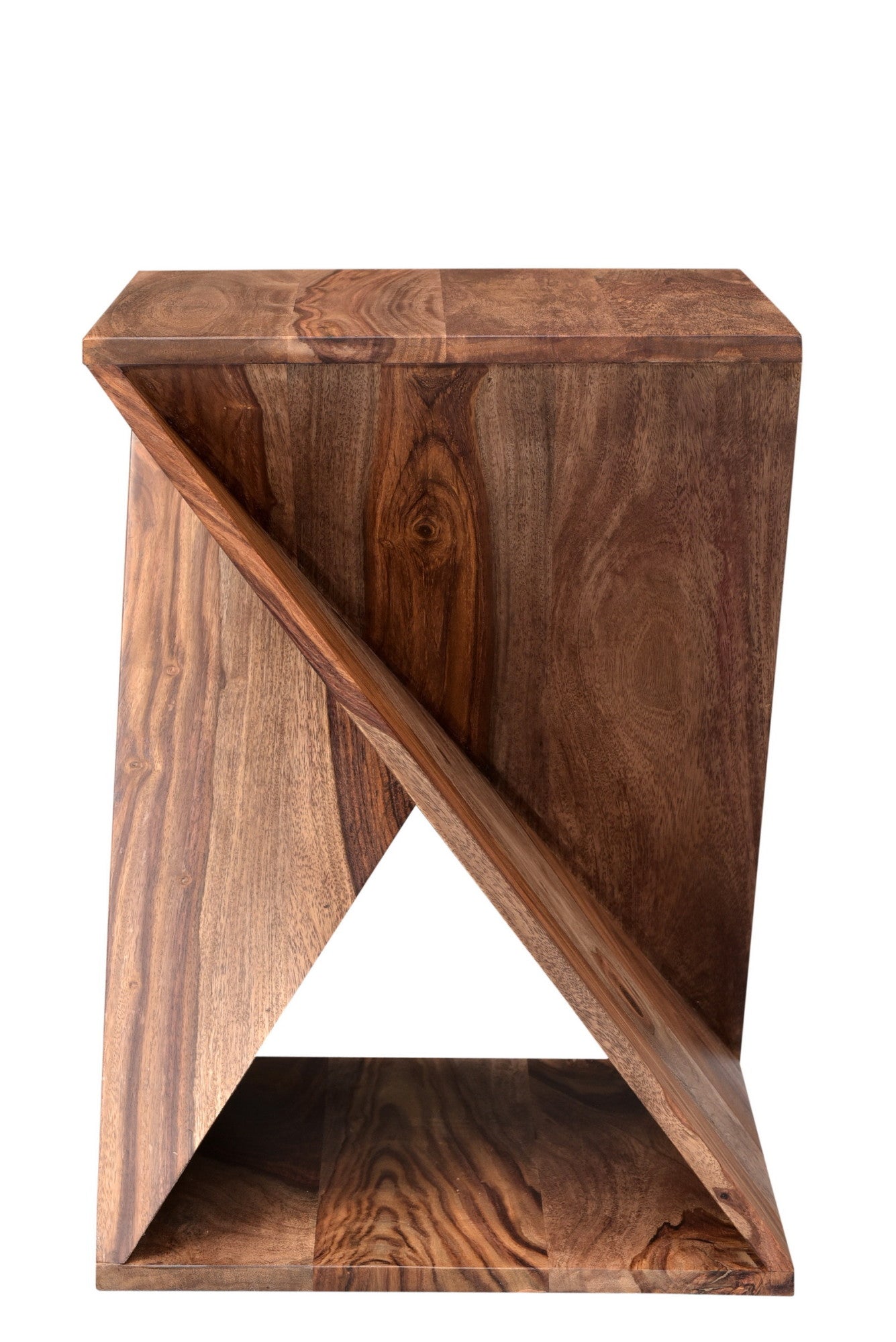 Geometric Brown Sheesham Wood Cutout Angular Twisted Side End Accent Table with Natural Wood Grains