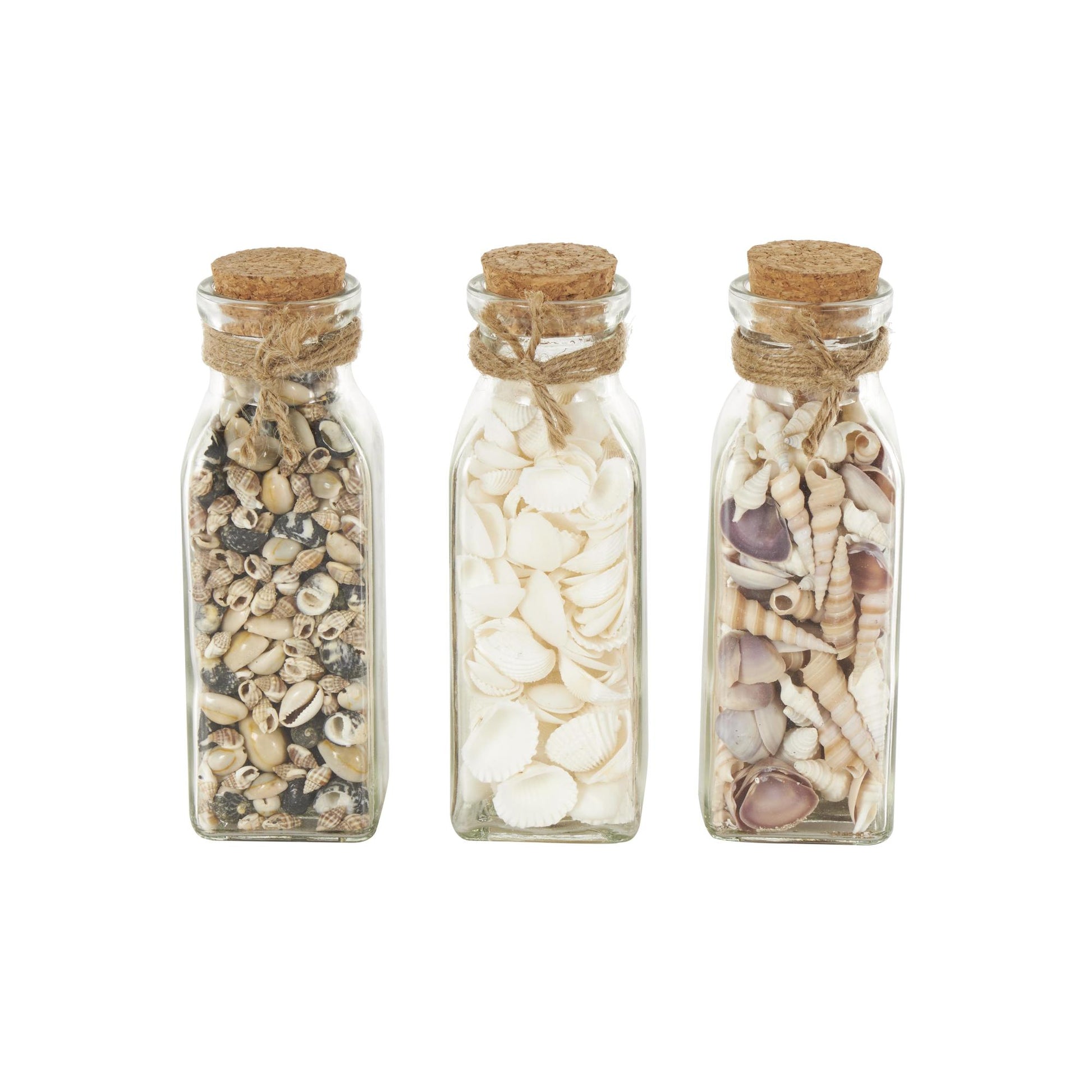 Set of 3 Clear Glass Decorative Orbs & Vase Filler with Seashells and Jute Rope Accents