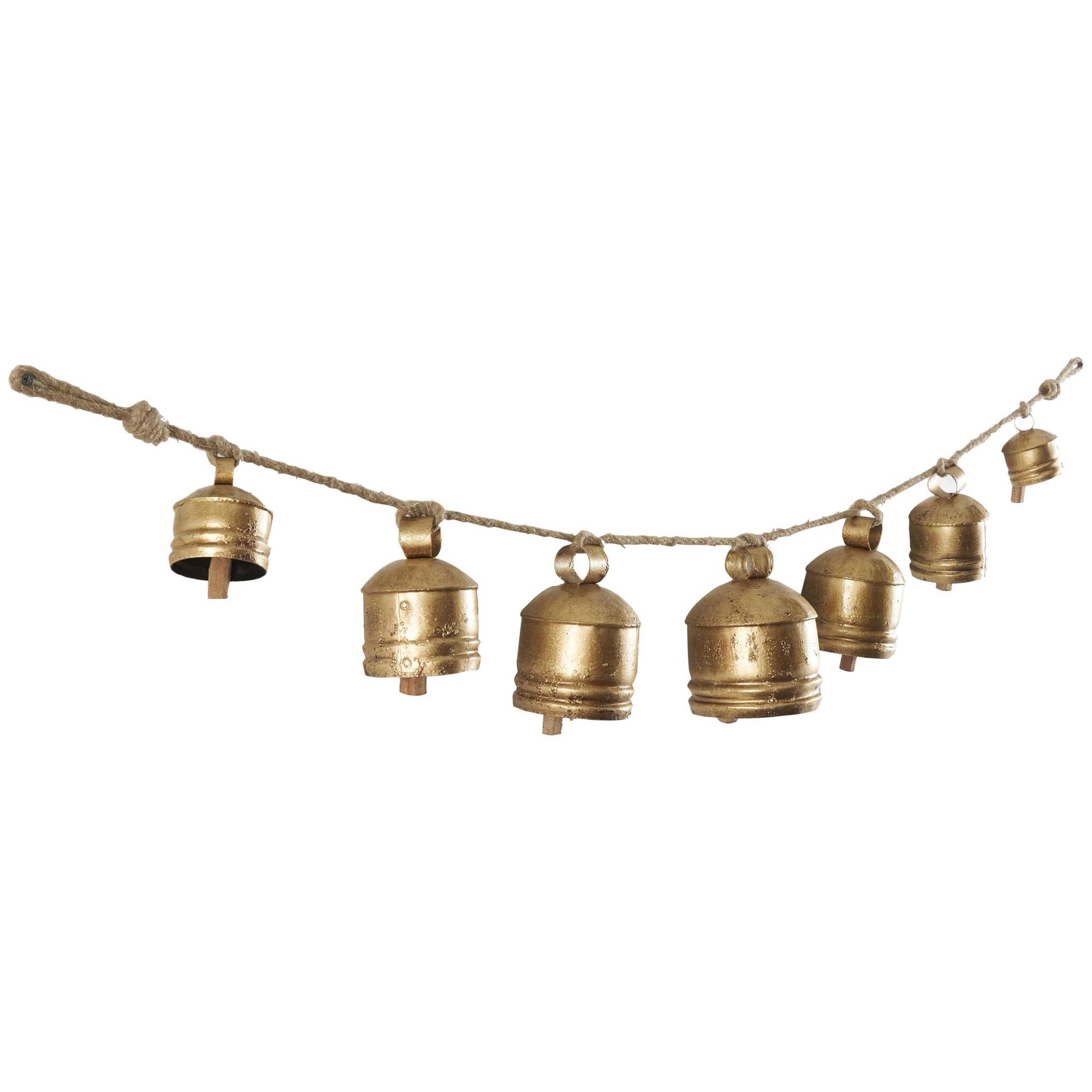 Gold Metal Tibetan Inspired String Hanging Indoor Outdoor Decorative Cow Bells with 6 Bells on Jute Hanging Rope