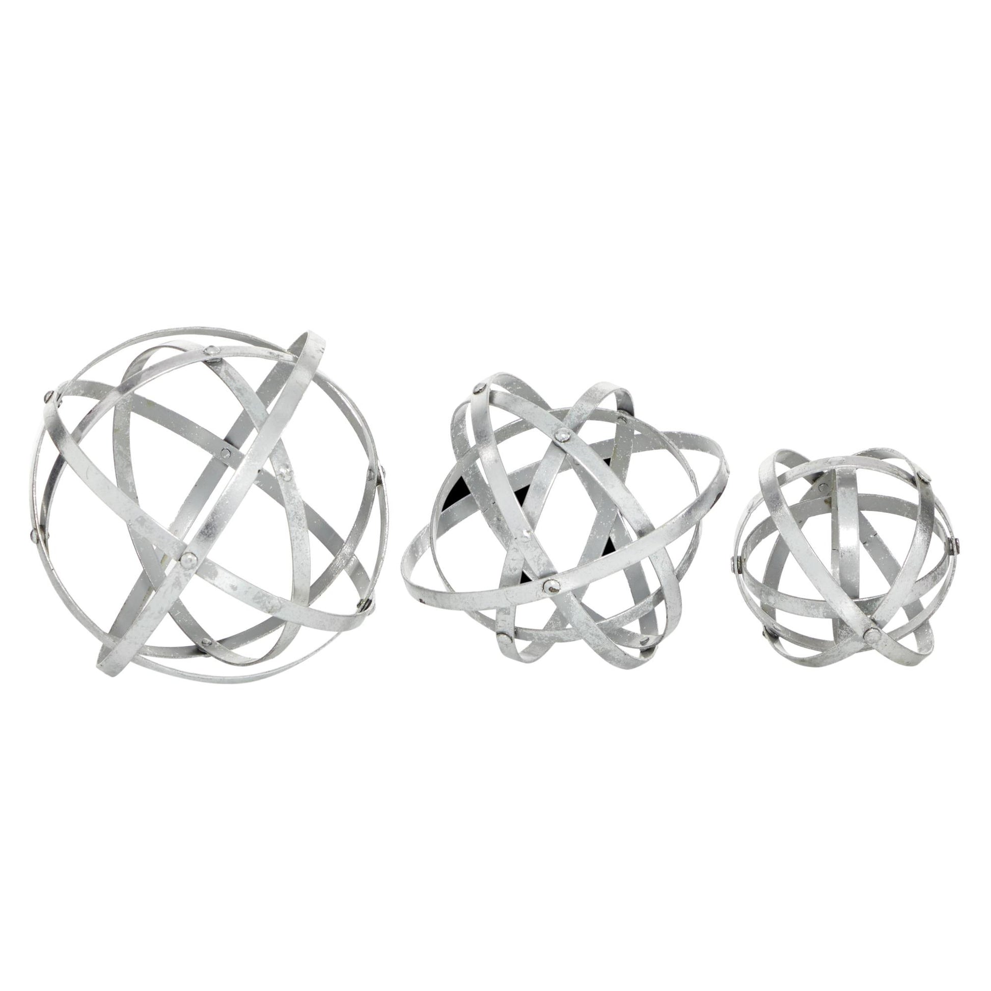 Set of 3 Geometric Silver Metal Decorative Sculpture