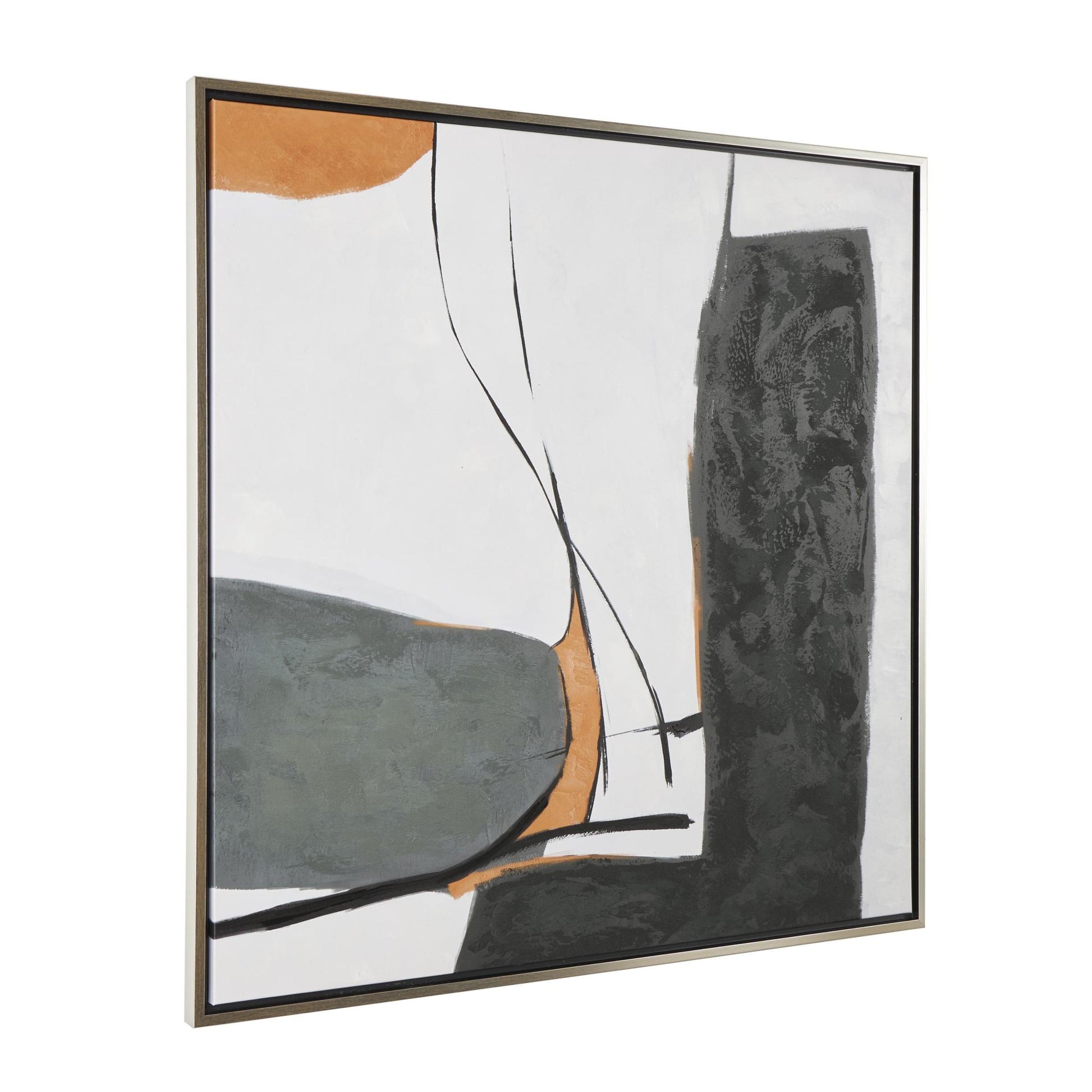 Abstract Green Canvas Line and Shape Living Room Framed Wall Art with Orange Accents