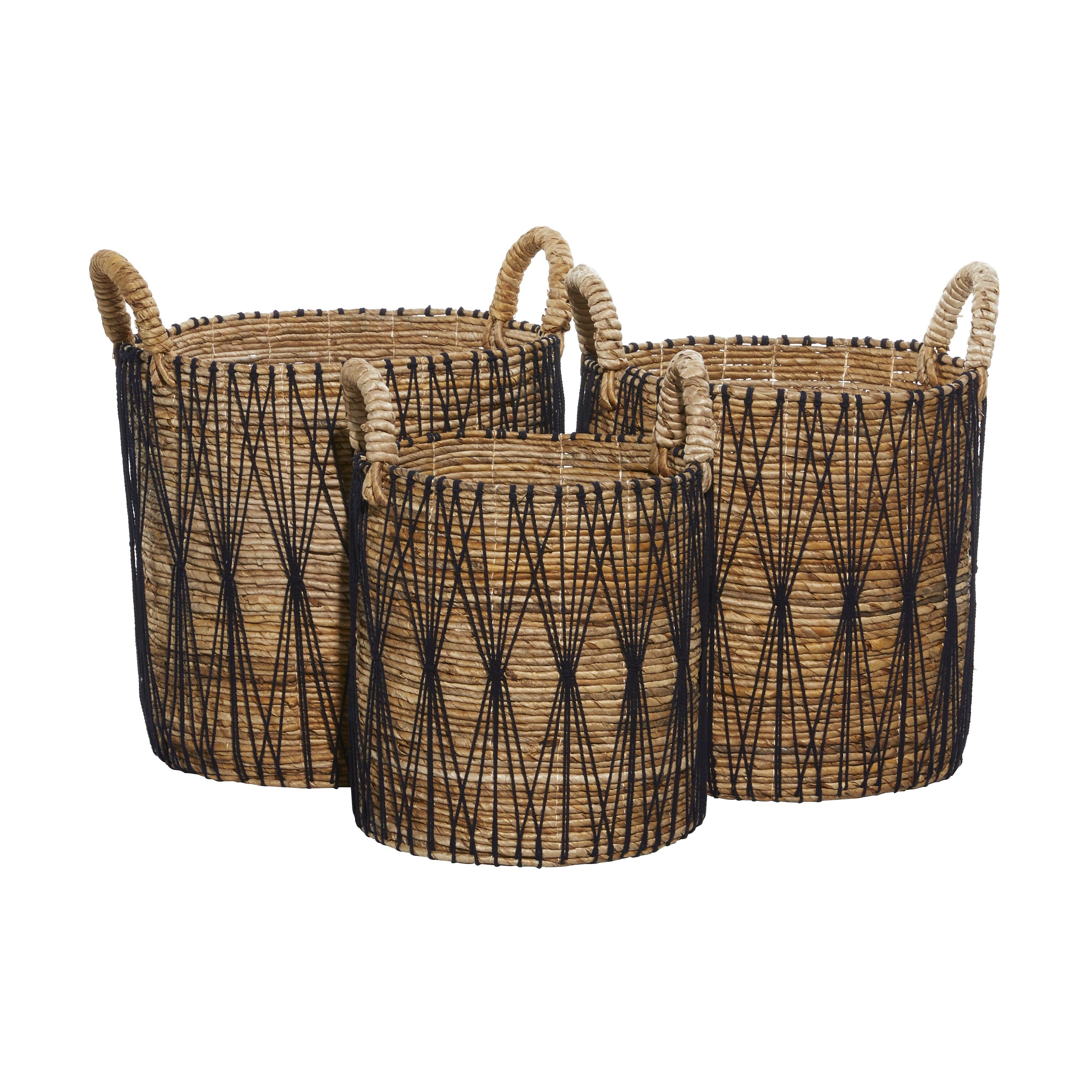 Set of 3 Banana Leaf Handmade String Detail Decorative and Functional Storage Basket with Handles Set of 3 20", 19", 17"H