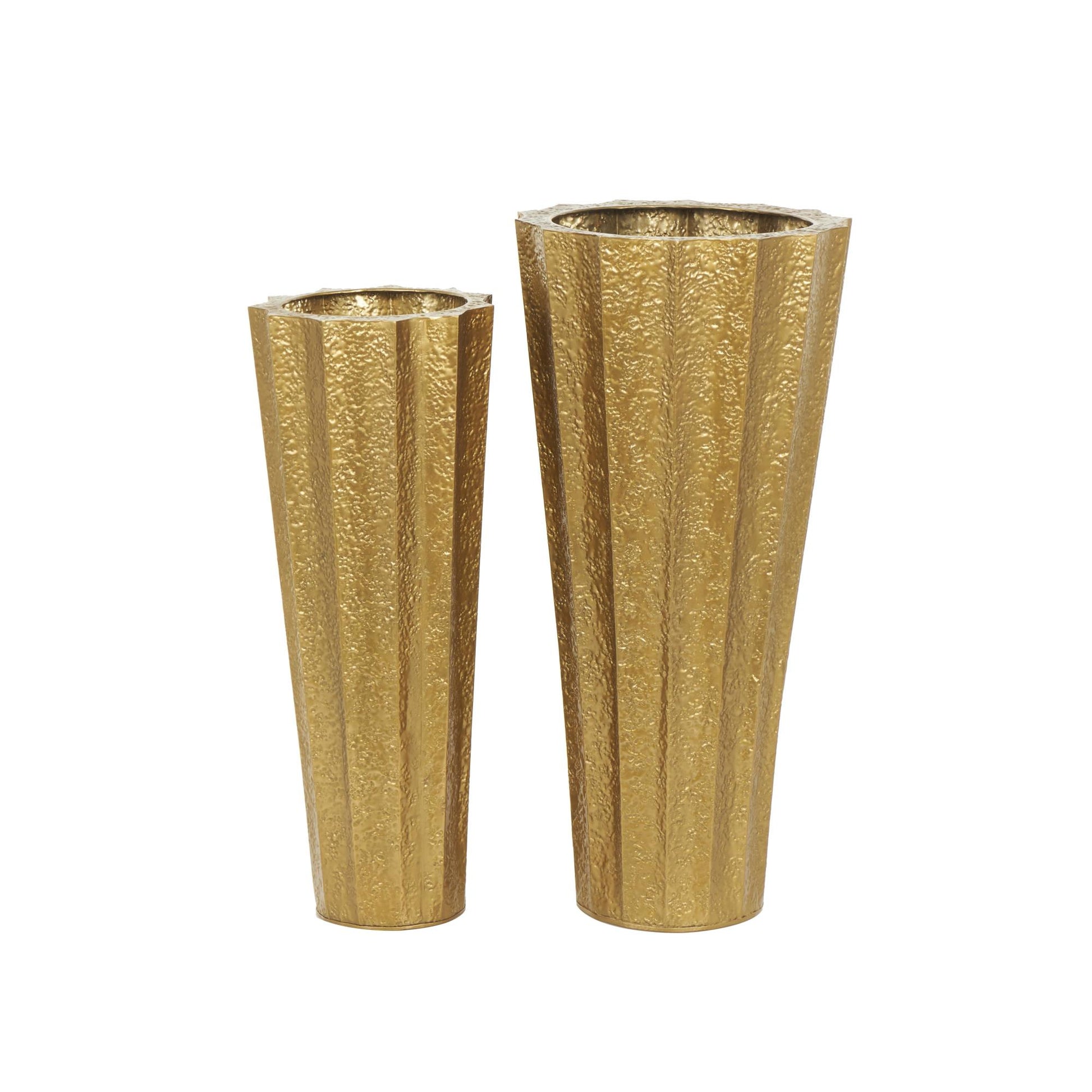 Set of 2 Gold Metal Tall Textured Hammered Floor Decorative Vase