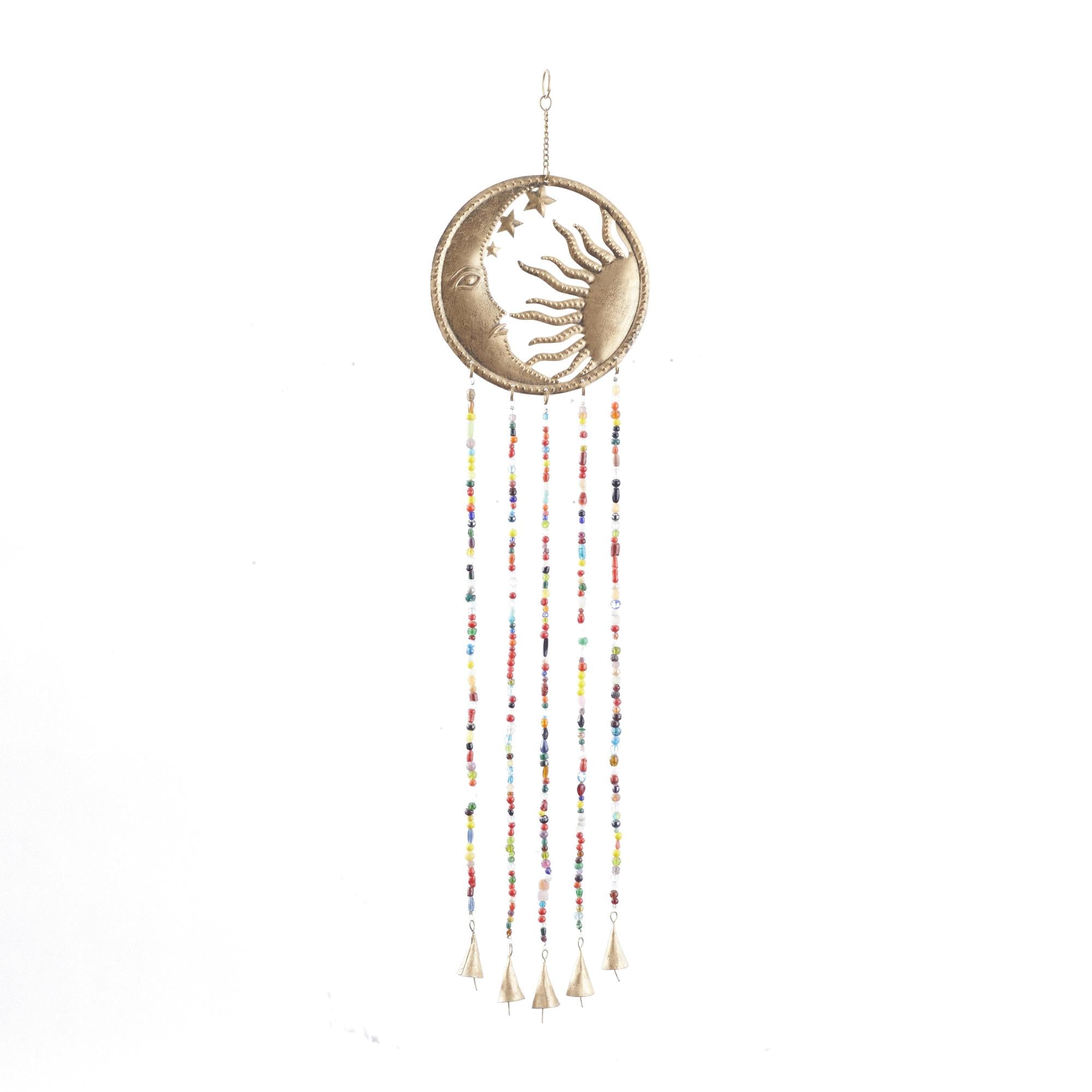 Sun and Moon Brass Metal Handmade Indoor Outdoor Windchime with Glass Beads and Bells