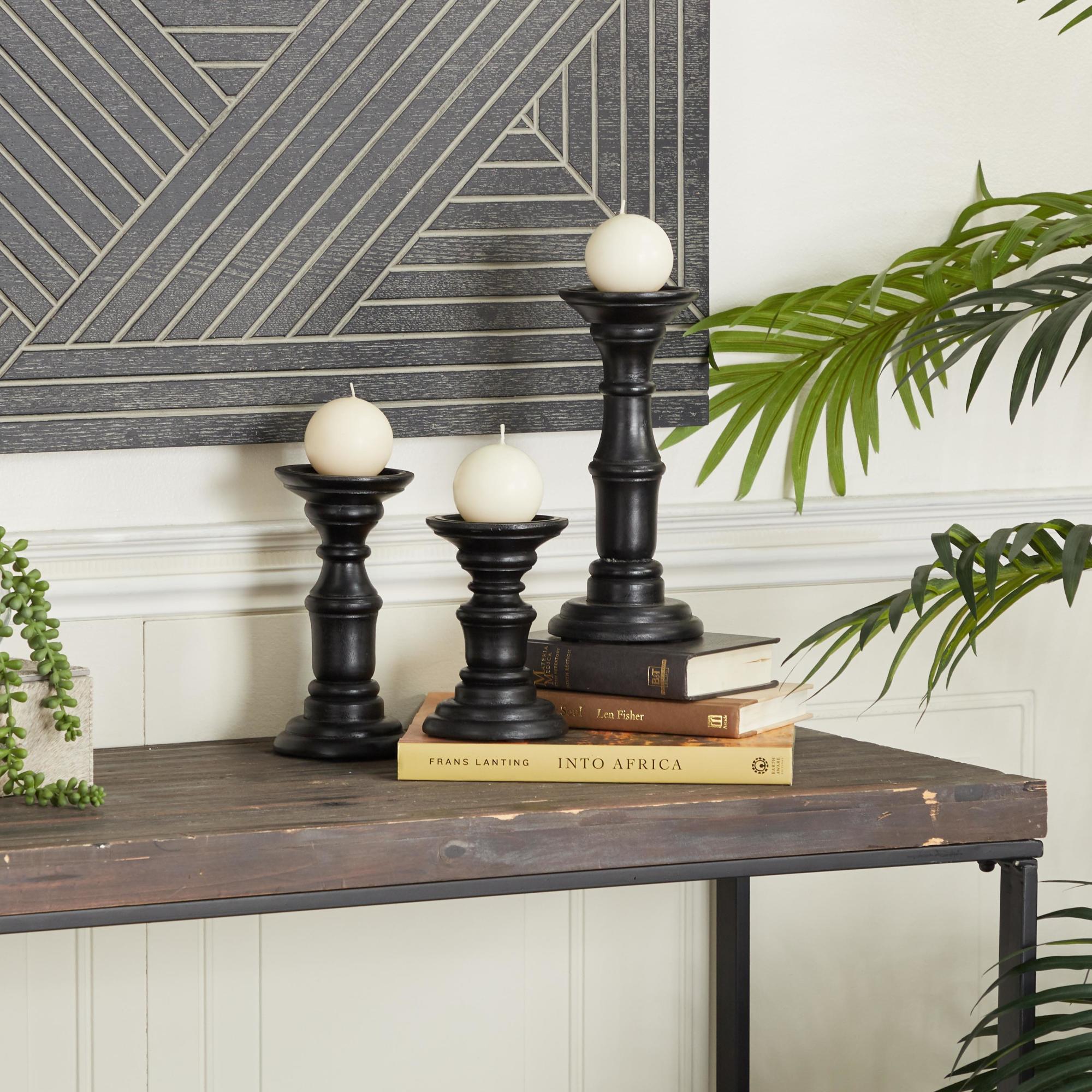 Set of 3 Mango Wood Turned Style Pillar Decorative Candle Holder