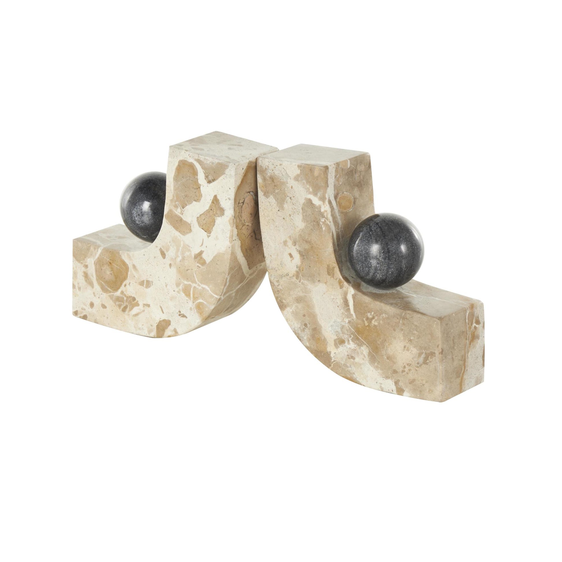 Set of 2 Brown Marble Arched Curved Decorative Bookends with Black Orbs