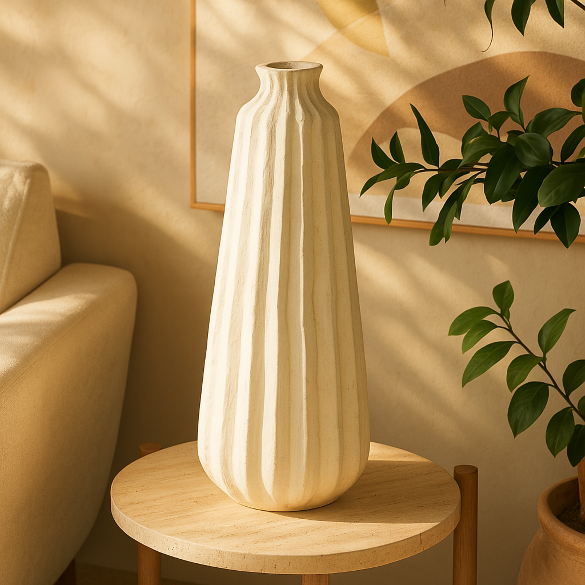 Cream Magnesium Oxide Decorative Vase with Carved Grooves