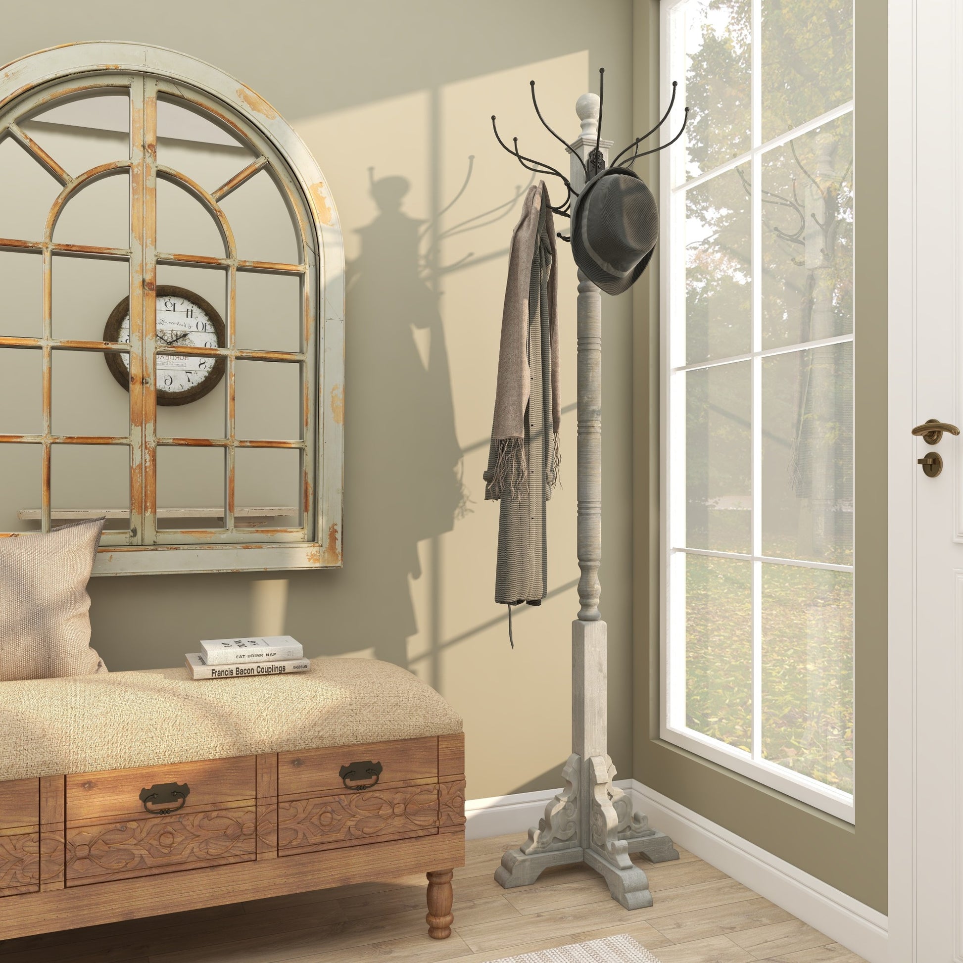 Scroll Gray Wood Vintage Style 12 Hook Freestanding Coat Rack with Black Metal Hooks