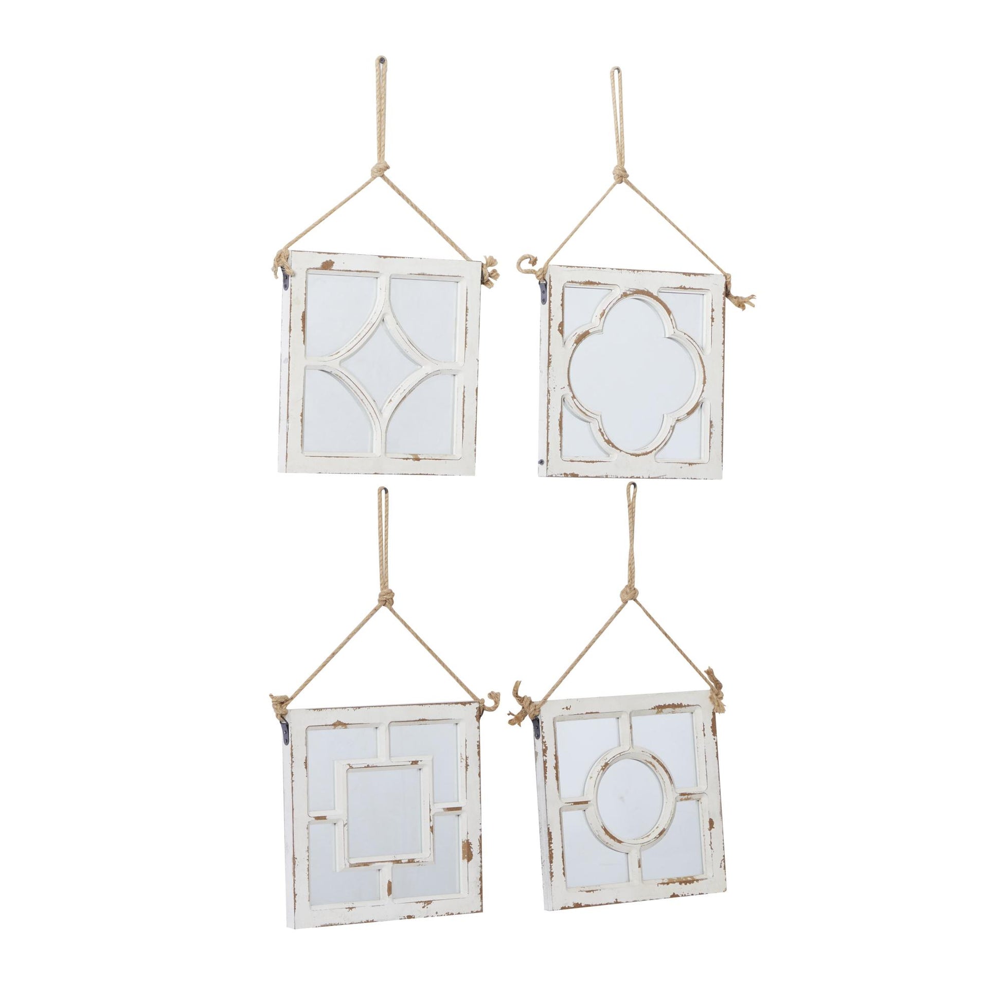Set of 4 Geometric White Wood Distressed Small Square Room Wall Mirror with Jute Hanging Rope