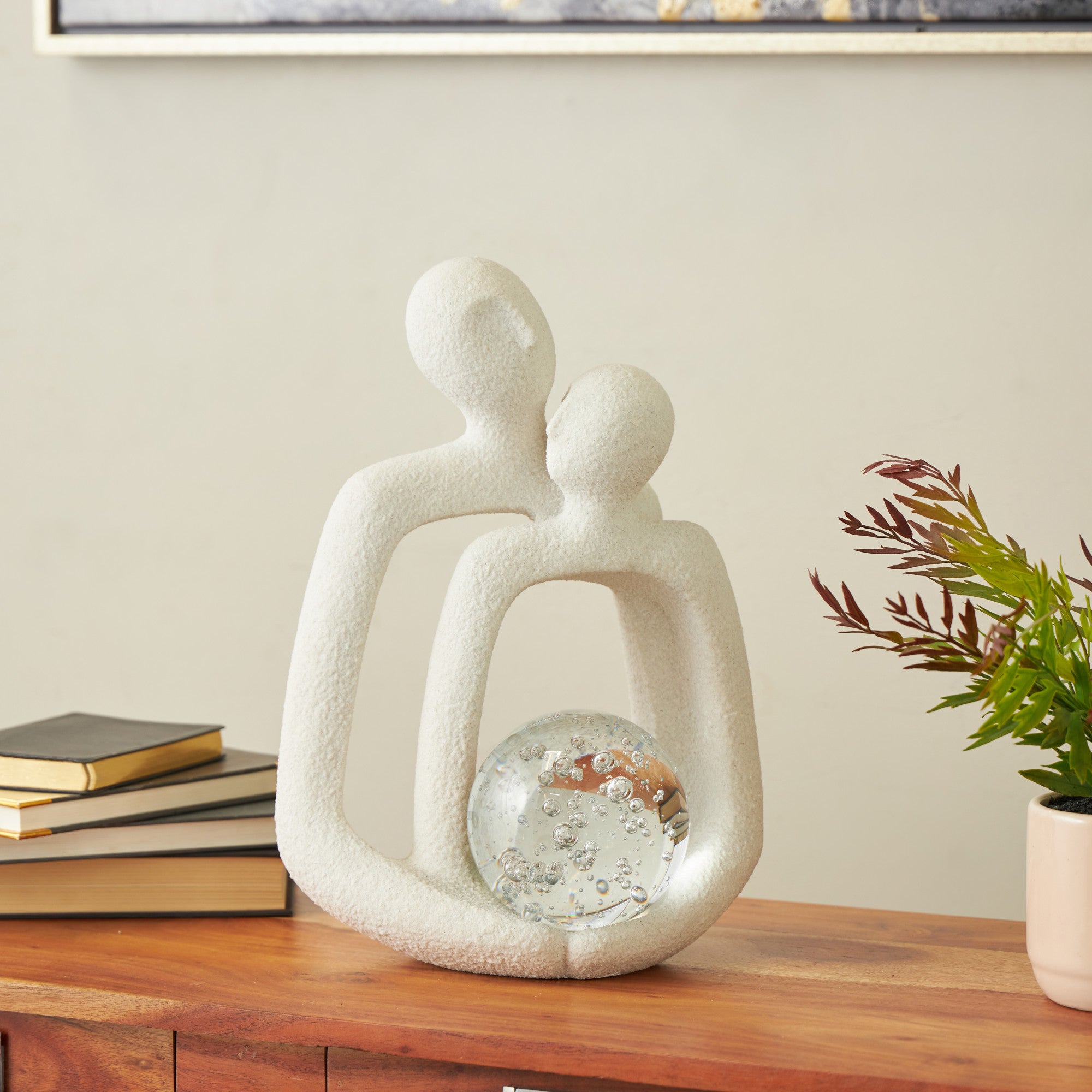 People White Polystone Abstract Textured Decorative Sculpture with Clear Glass Orb and Black Speckles