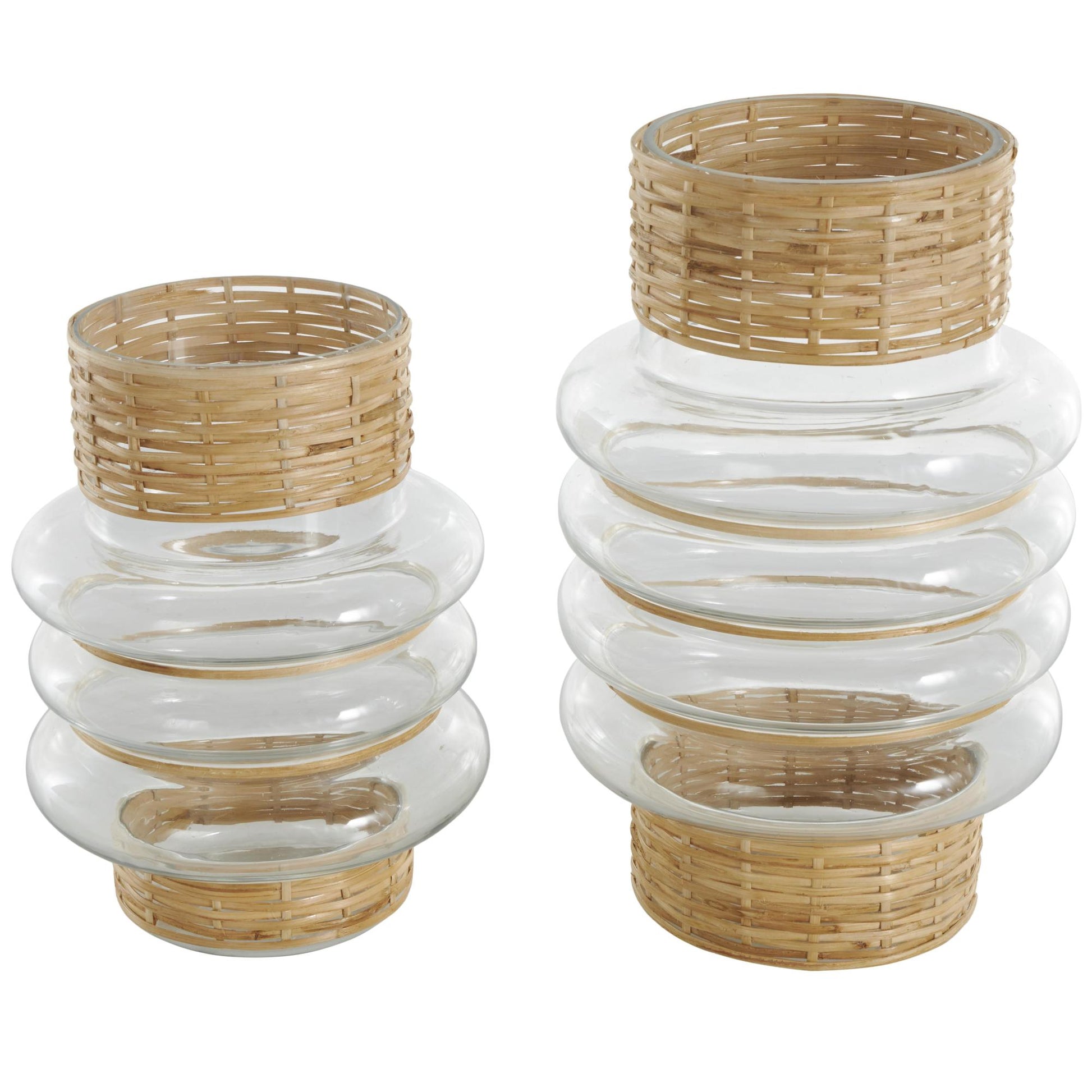 Set of 2 Clear Glass Handmade Rattan Wrapped Decorative Vase